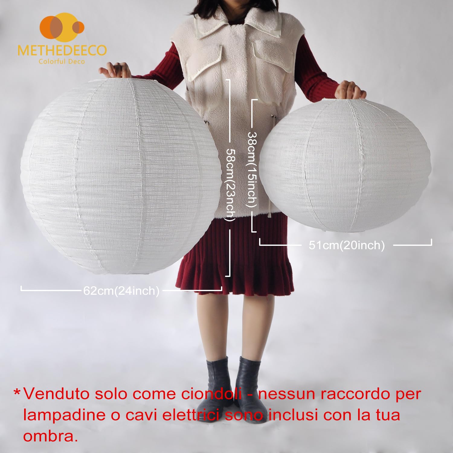 METHEDEECO Set di 2 lampade a sospensione in lino, 60 + 50 cm, paralume rotondo in tessuto per lampada a sospensione, per soggiorno, sala da pranzo, camera da letto, hotel e decorazione