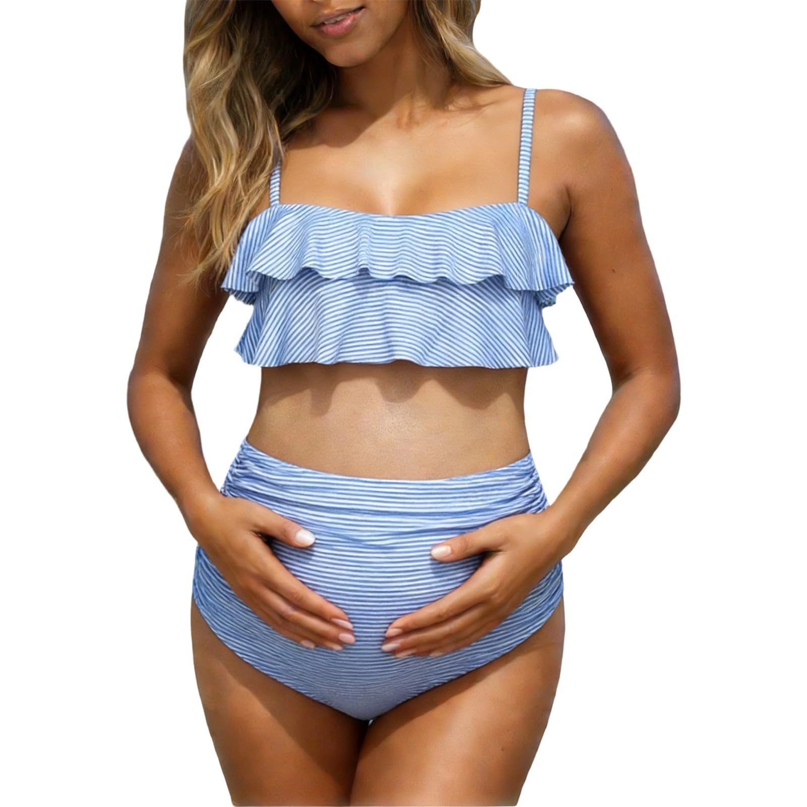 Bikini de grossesse 2 pièces avec taille haute à rayures pour la piscine comme maillot de bain confortable pour les femmes enceintes