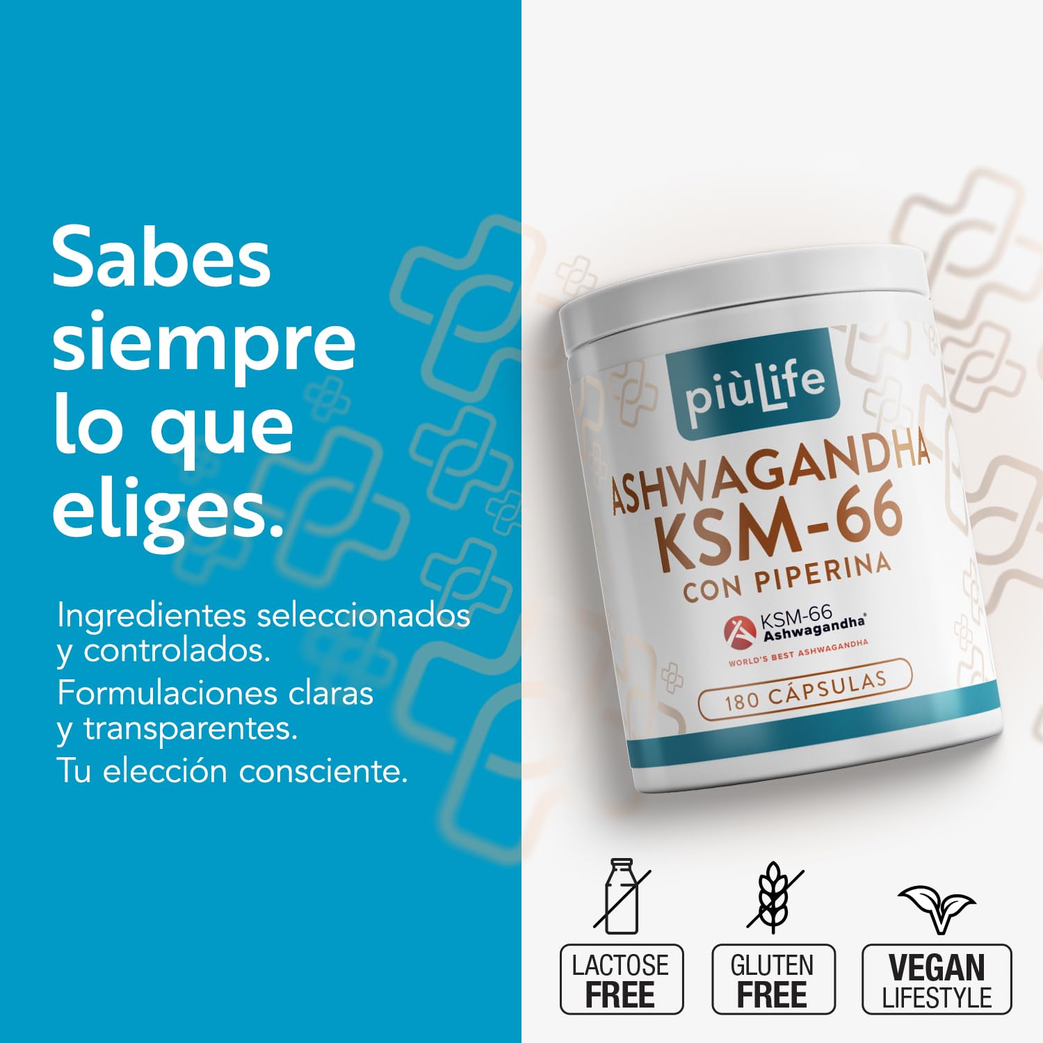 Ashwagandha KSM-66 600mg PiùLife, 180 Cápsulas, Extracto De Raíz Withania Somnifera 5% Withanólidos, Ashwagandha Con Pimienta Negra, Estrés Y Bienestar Mental, De Agricultura Ecológica