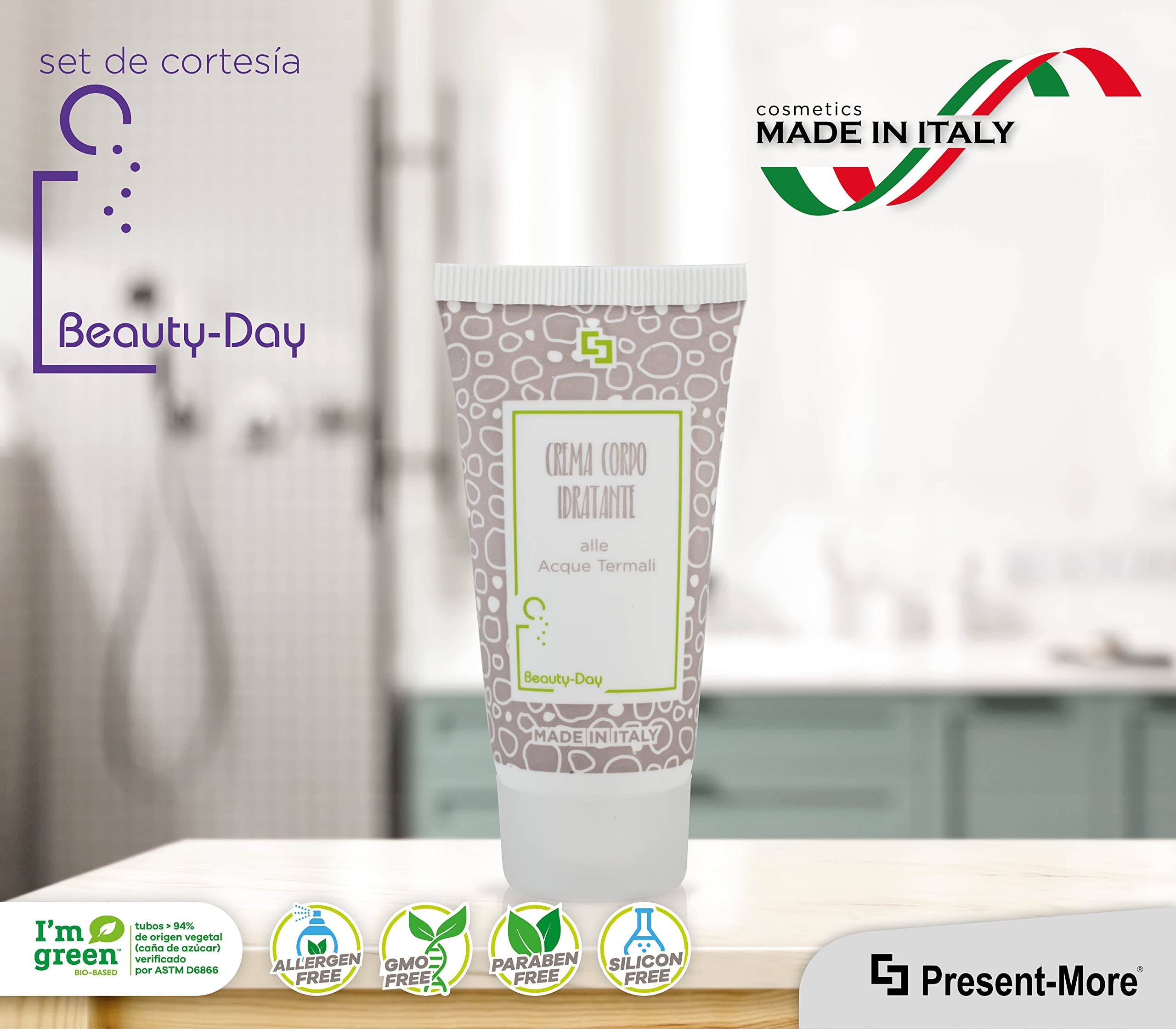 Present-More Crema corporal 30ml Beauty-Day Italy - Crema cuerpo 250 unidades para Hoteles y B&B | Crema cuerpo sin alérgenos con fragancia Ylang Ylang