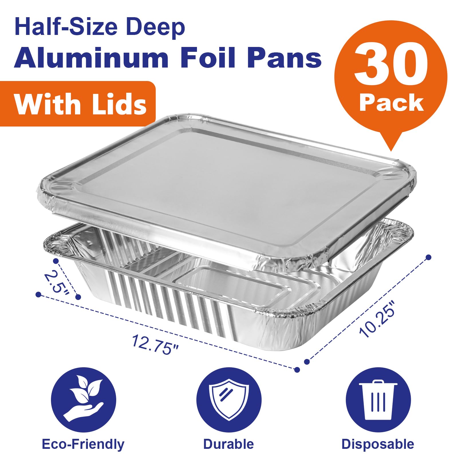 Große Aluminiumpfannen mit Deckel: 30 Stück, extra robuste Folienpfannen 22,9 x 33 cm, Einweg-Aluminiumschalen zum Backen, Kochen, Braten von Truthahn, Lebensmittelzubereitung