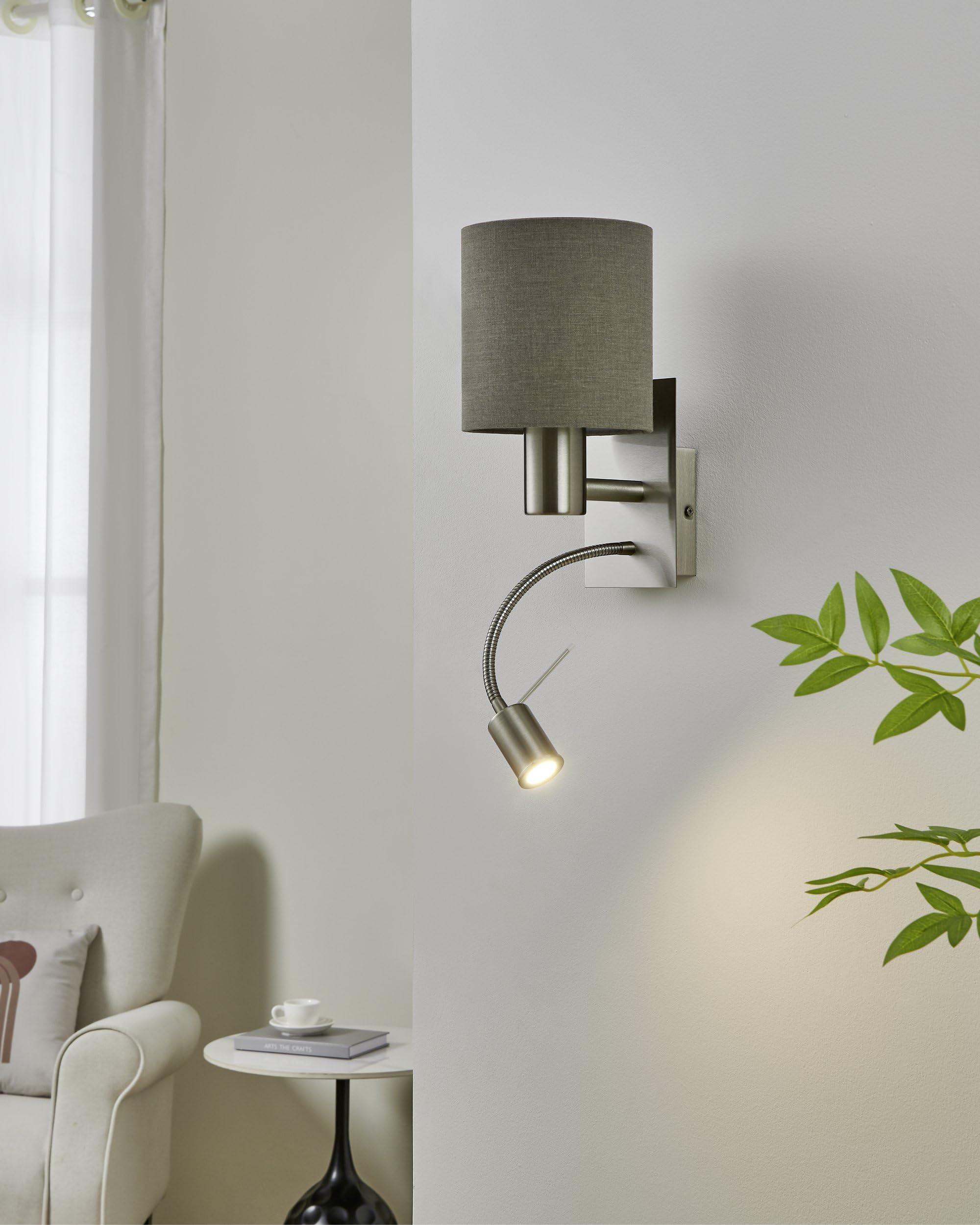 EGLO LED lampa ścienna PASTERI, 2-ogniskowa tekstylna lampa ścienna | materiał: stal, tkanina, kolor: nikiel matowy, szary, oprawka: E27, z przełącznikiem i elastyczną lampą do czytania LED