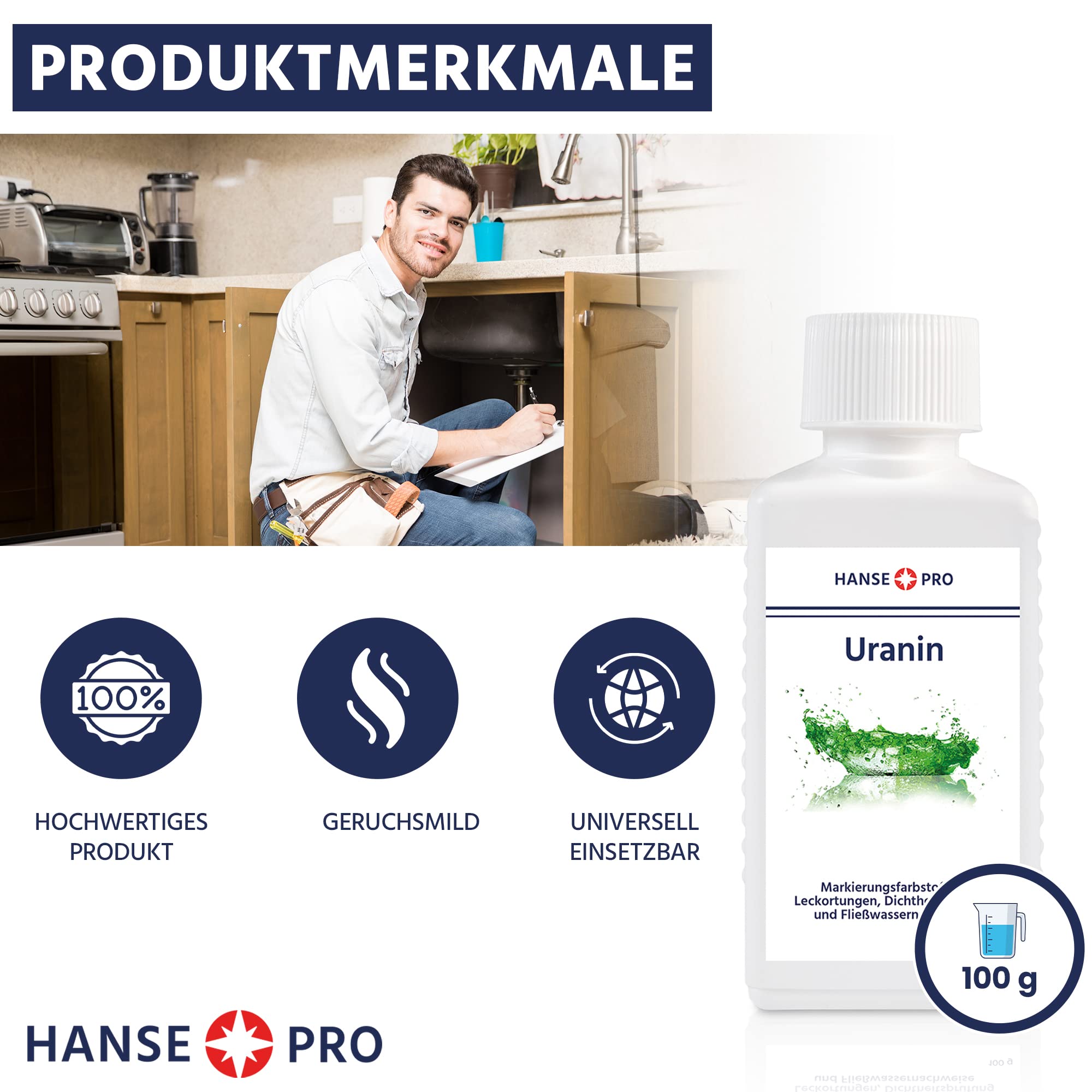 Hanse Pro Uranin, 2 x 100 g I Markierungsfarbstoff I Leckortung I Leckageortung I Dichtheitsprüfung I Wasserfärbemittel I Färbemittel I Pulver I Fluorescein