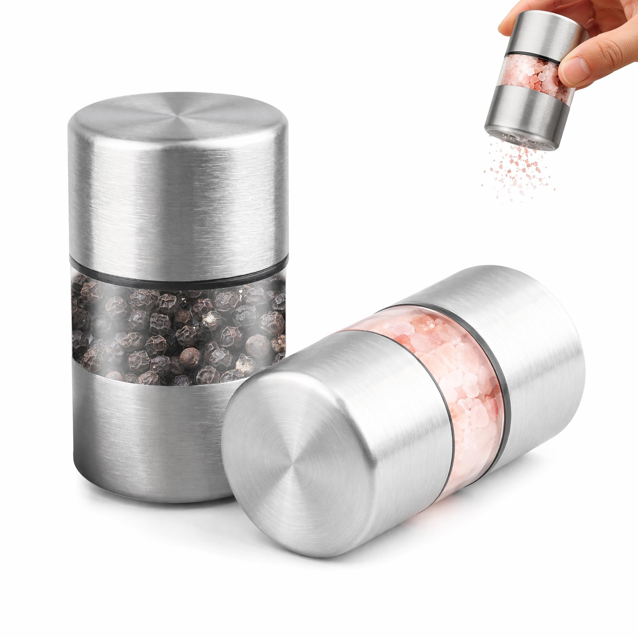 Mini Salt and Pepper Grinder Set, 2 Pcs Travel Salt and Pepper Set Portable Spice Carrying Mill Refillable Shakers Travel Spice Manual Mill Salts for Camping Home Kitchen (3.5 × 3.5 × 6.5cm)