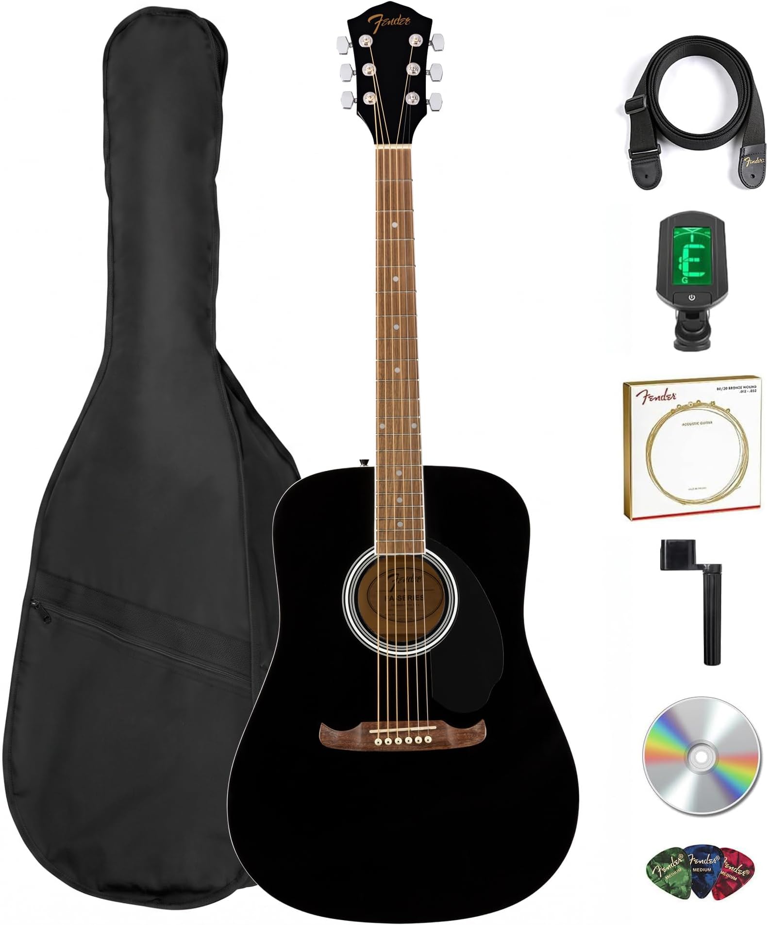 Classic Design Dreadnought Acoustic Guitar - Black Bundle with Gig Bag, Tuner, Strap, Strings, String Winder, Picks, and Austin Bazaar Instructional DVD