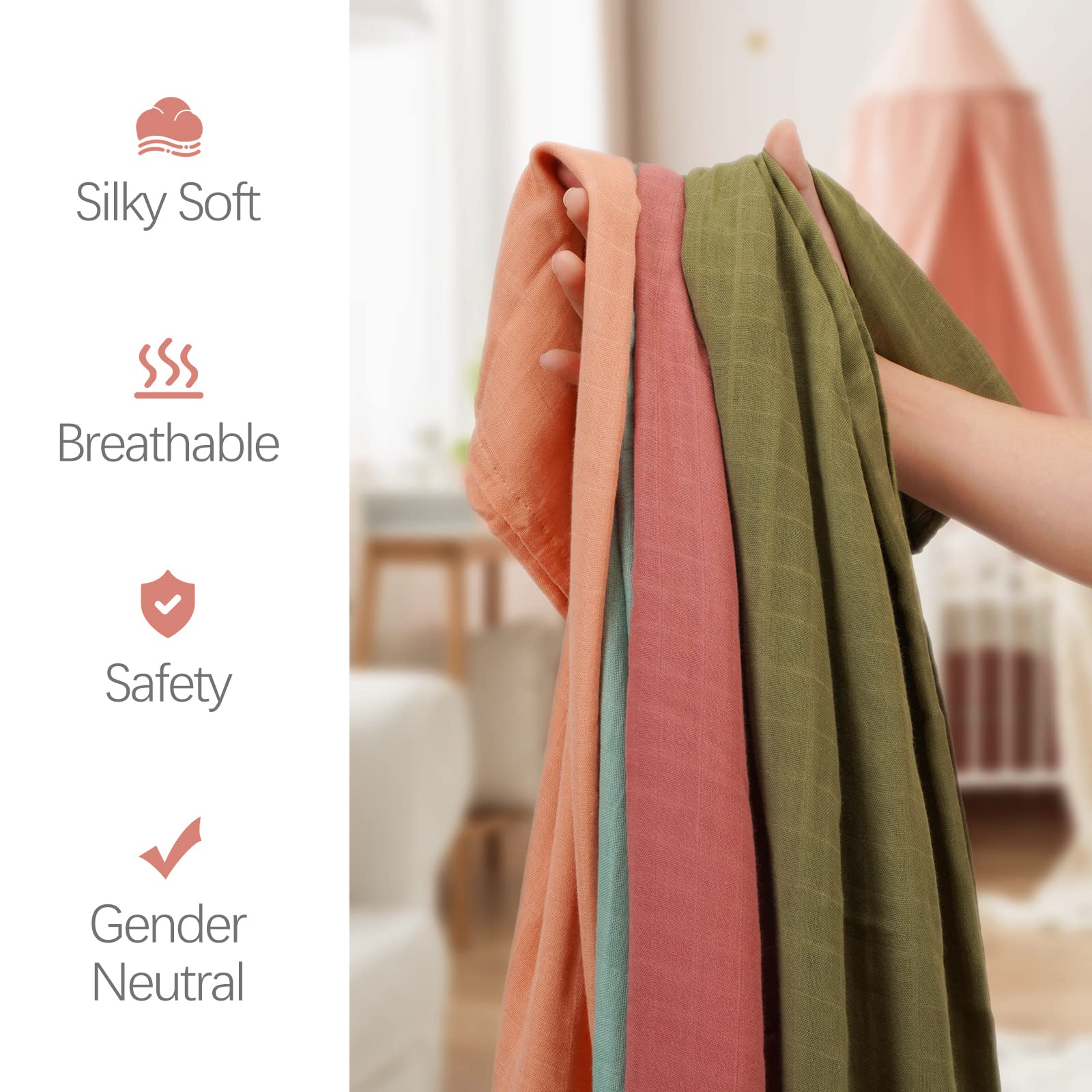 Copertine Mussola Neonato 100x100cm - 3 Pack, Cotone Morbido, Avvolgenti, Unisex - Foto 3