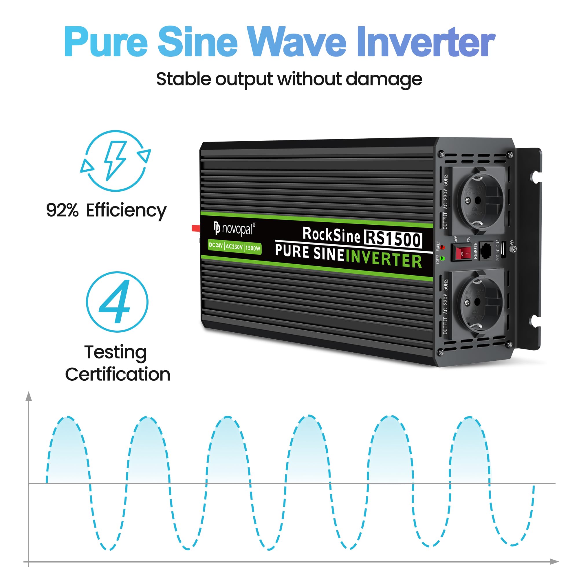Novopal 1500W 3000W Inverter Onda Sinusoidale di Potenza,DC 12V in AC 220V Inverter di Tensione,2 EU Presa con Uscita USB,5 Metri di Telecomando,Adatto per Famiglia, Campeggio, Viaggi