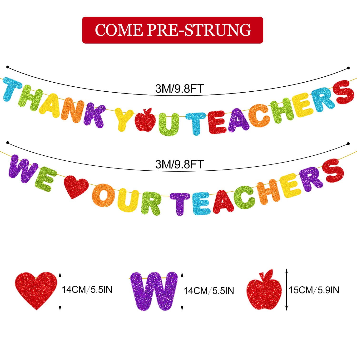 PTFNY Pancarta de agradecimiento con purpurina para profesores con texto en inglés "We Love Our Teachers" para decoración de fiesta del día del profesor