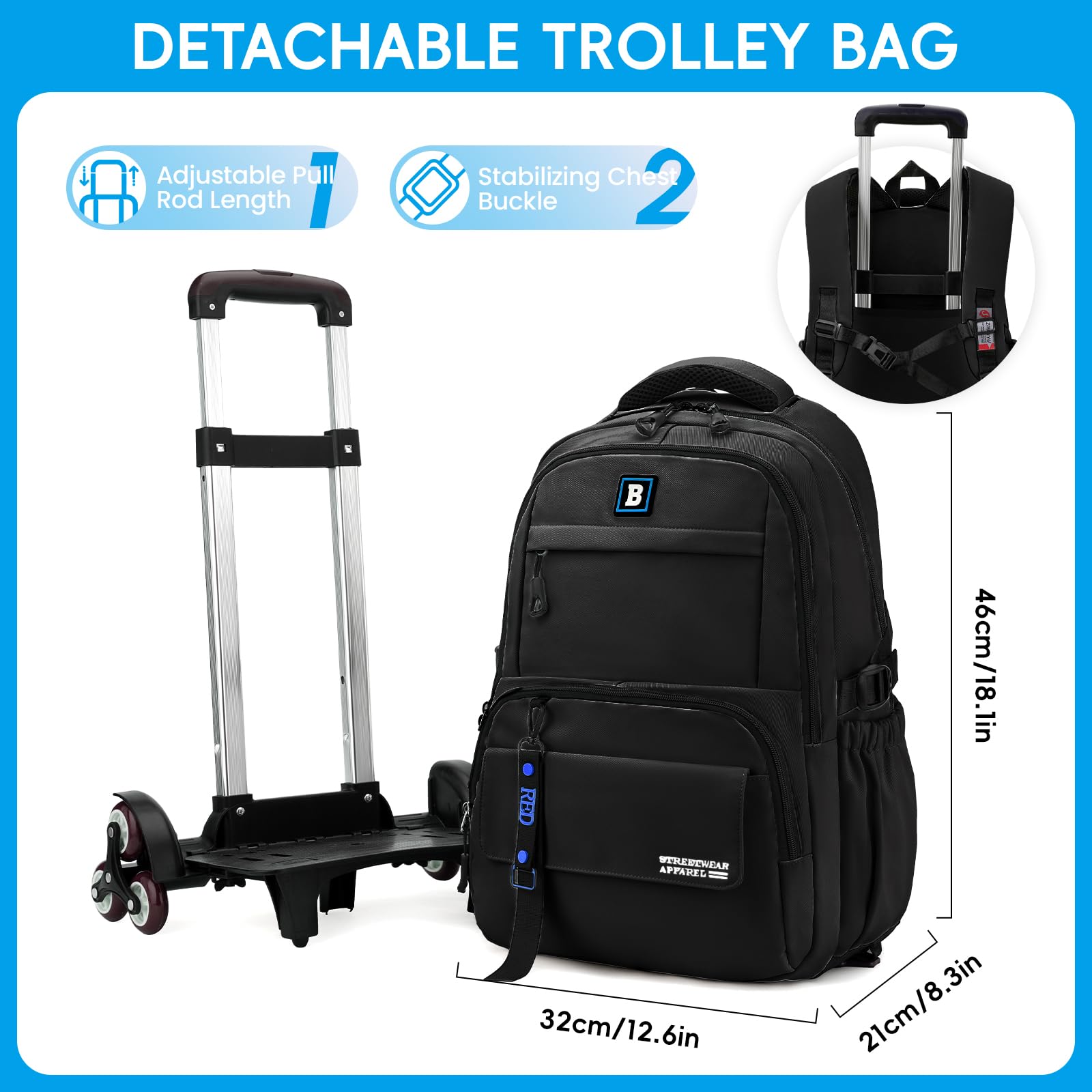 Amythe Sac à Dos à Roulettes pour Enfants Adolescents, Sac Ecole College pour Garçon avec Chariot, 31 L Sac D'école Garçon Léger à la mode, Cartable à Roulettes pour les 9-18 ans, Noir