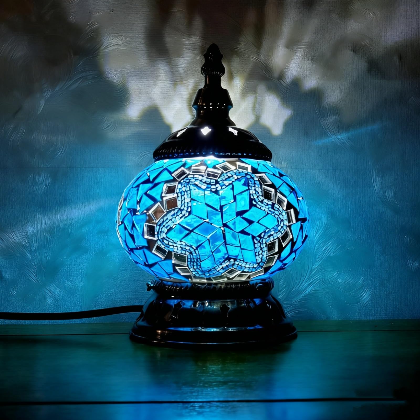 Maimeili Turkish Exotic Mosaic Table Lamp with Handmade Moroccan-Style Decorative Glass Retro Lamp Shade with USB Decorative Desk Lights Bedside Lights for Bedroom