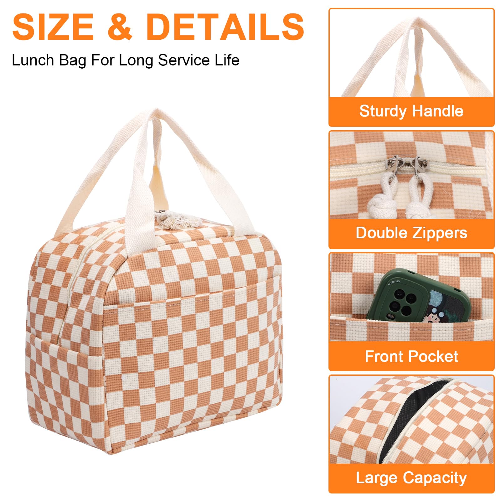Risipu Insulated Lunch Bag for Women Kids Reusable Leakproof Children's Cooler Bag Lunch Box Bags for Girls Work School BBQ Picnic (Coffee Plaid) - Image 2
