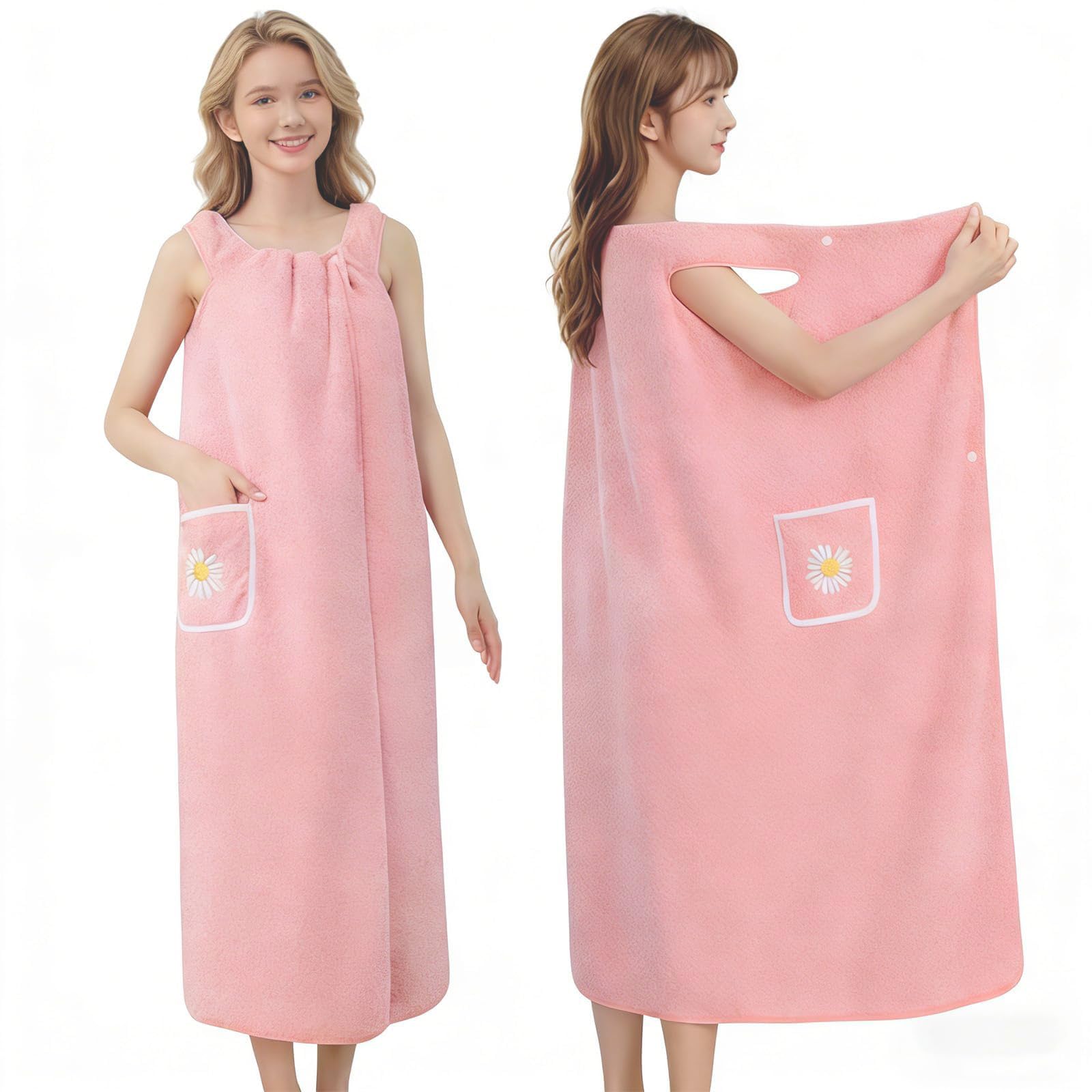 Huanyo Women's Pink Bathrobe Dress - Wrap Around Bath Towel Dress With Adjustable Straps, Soft & Quick Dry Microfiber, For Spa, Beach, After Shower, Hotel And Travel Use (Pink) (Pink)