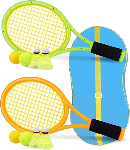 Raqueta de tenis para niños, raqueta de tenis de plástico de 17 pulgadas con 2 pelotas suaves, 2 pelotas de tenis y 4 volantes para niños, niños