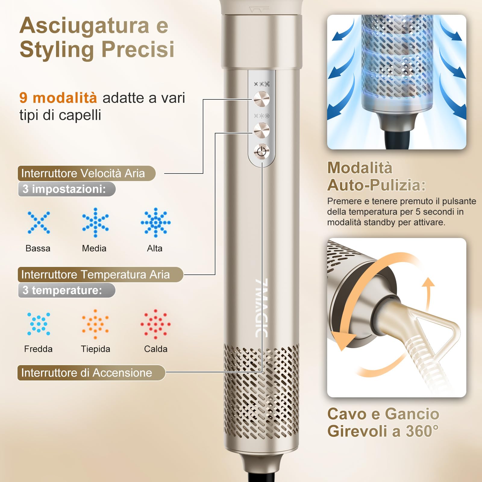 7MAGIC Air Styler 6 In 1, Asciugacapelli Ionico, Spazzola Rotante Per Capelli, Arricciacapelli Automatico, Spazzola Lisciante, Senza Danni Da Calore, Asciugatura Rapida, Con Borsa Da Viaggio