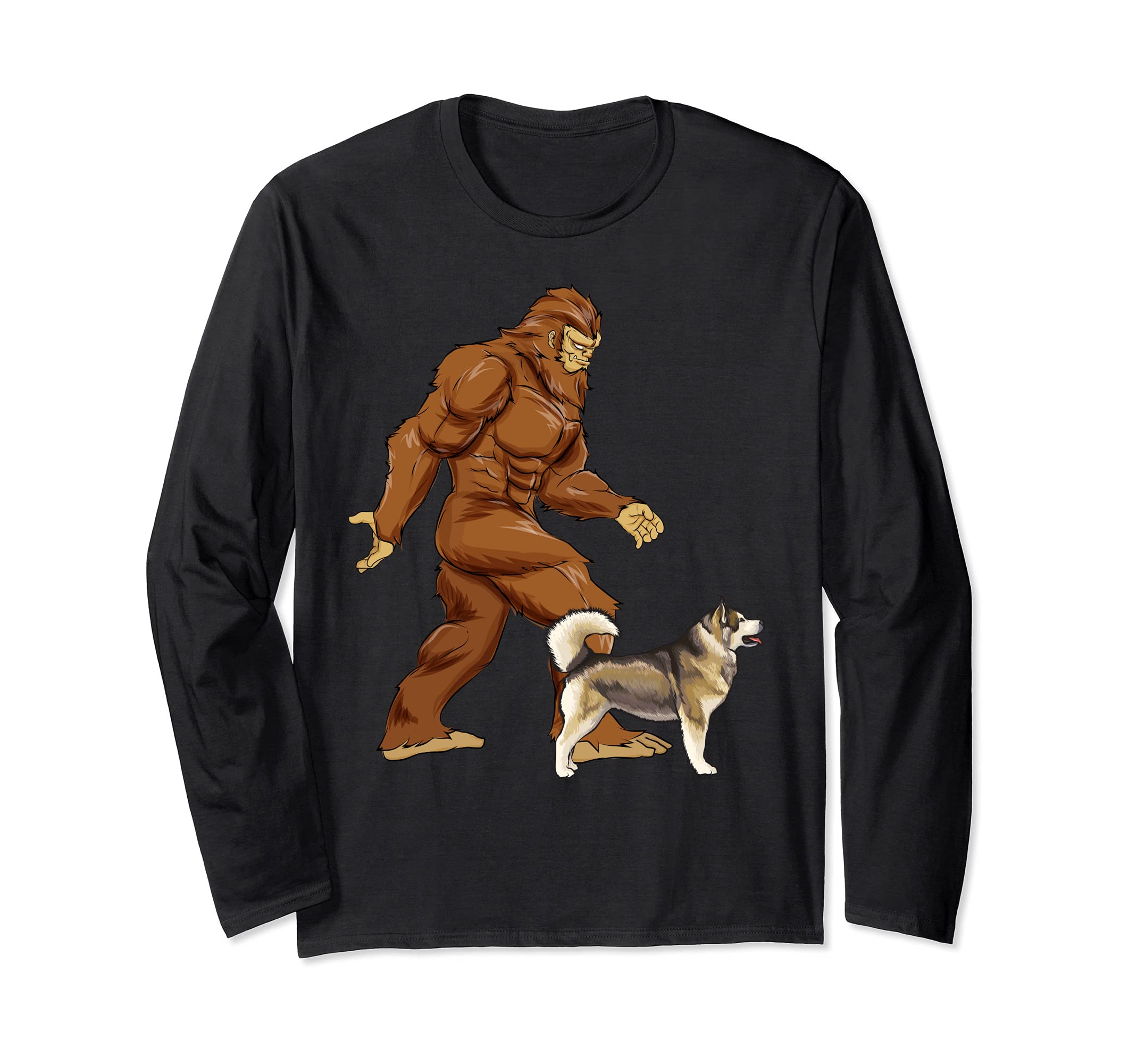 Funny Bigfoot Walking Alaskan Malamute Sasquatch Dog Long Sleeve T-Shirt, Black