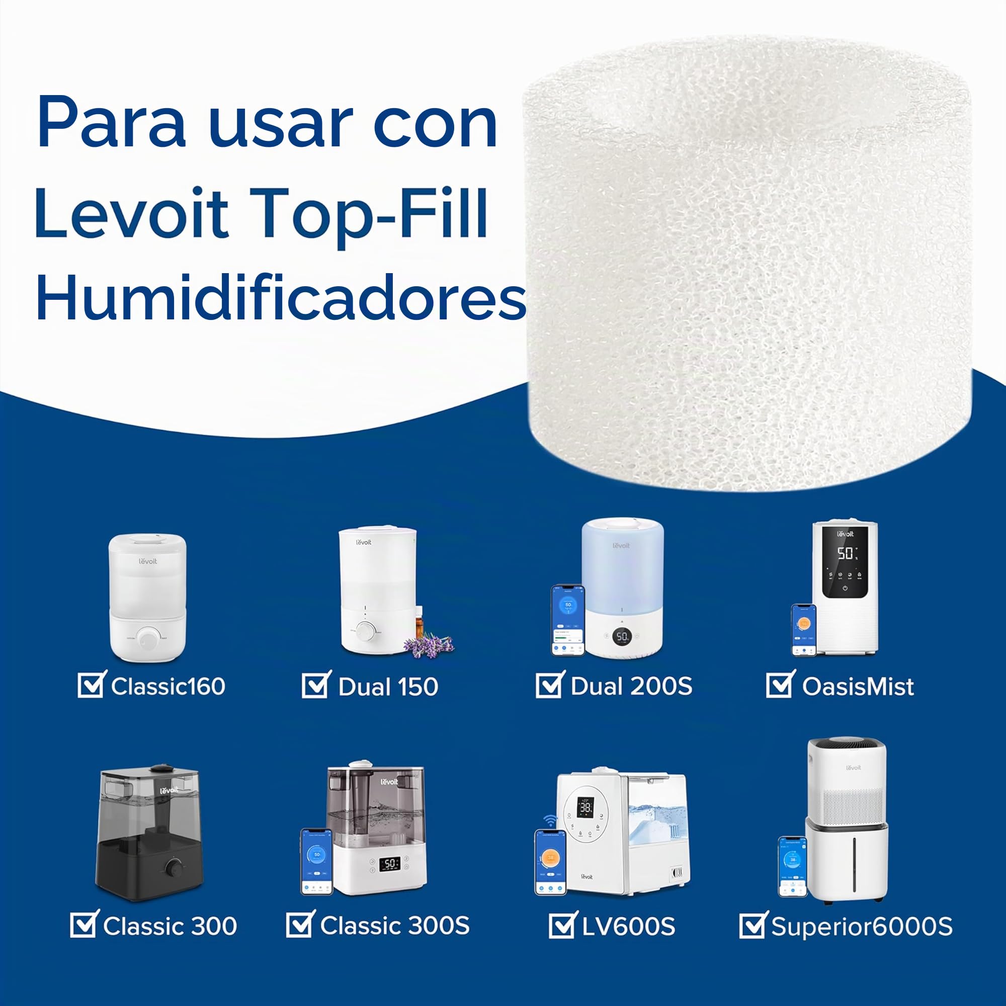 LEVOIT Filtro de Repuesto para Humidificador, Captura las Partículas Finas del Depósito de Agua para Mejorar la Eficacia de la Humidificación, Compatible con Levoit Humidificador, Paquete de 10