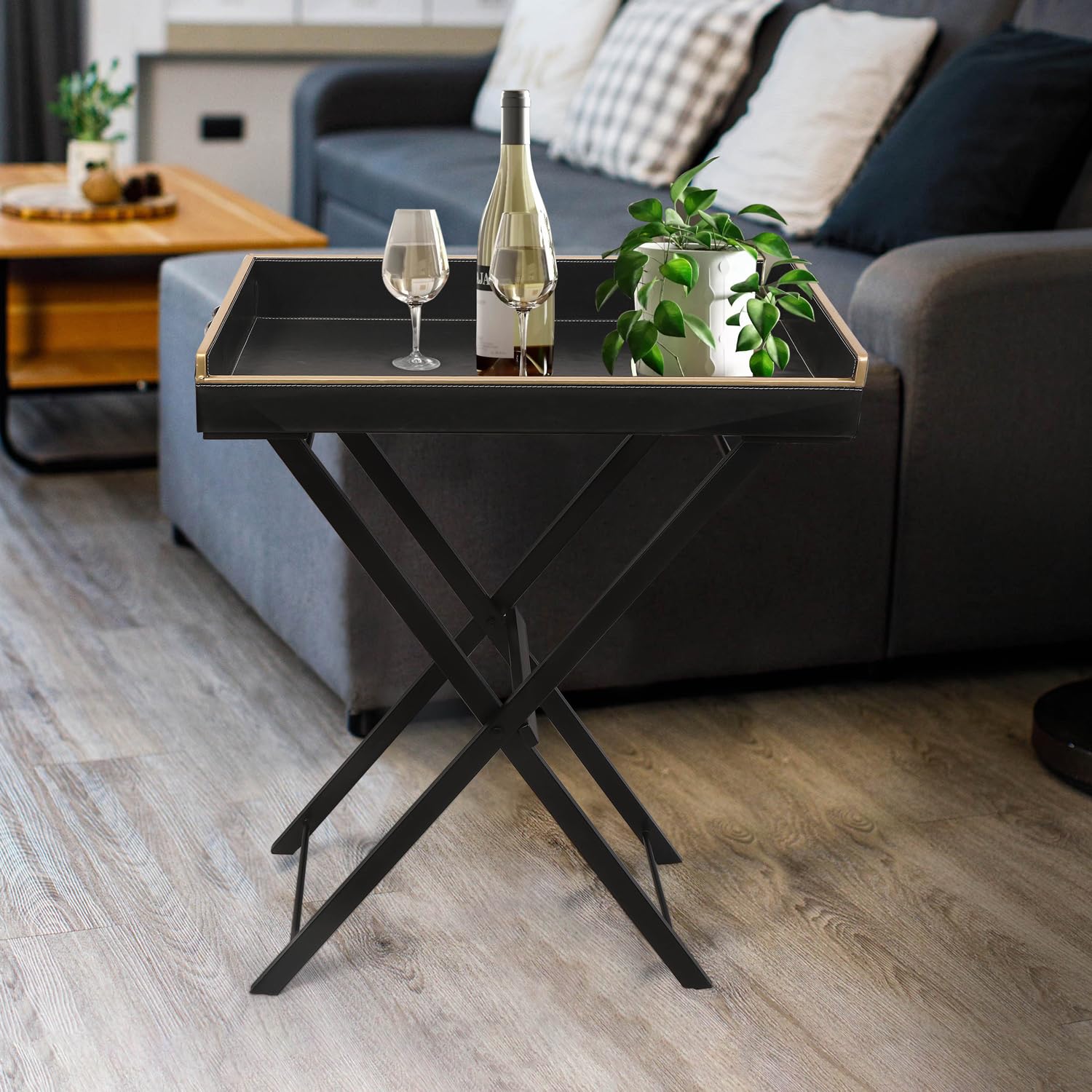 The Home CO. Foldable Leather Tray Table with Metal Stand | Serving Tray/Butler Tray Removable Rectangle Leather Tray Top with Handles, Ideal for Serving (Black & Gold)