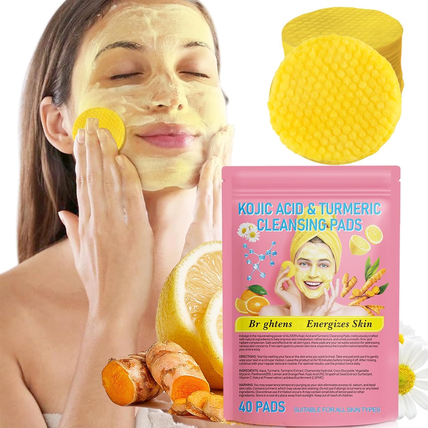 DQQSLQUL 40PCS Turmeric Cleansing Pads, Kojic Acid And Turmeric Cleansing Pads Helps Balance Skin Oil And Water, Remove Excess Keratin From The Body'S Skin,Travel Essentials Facial Sponges