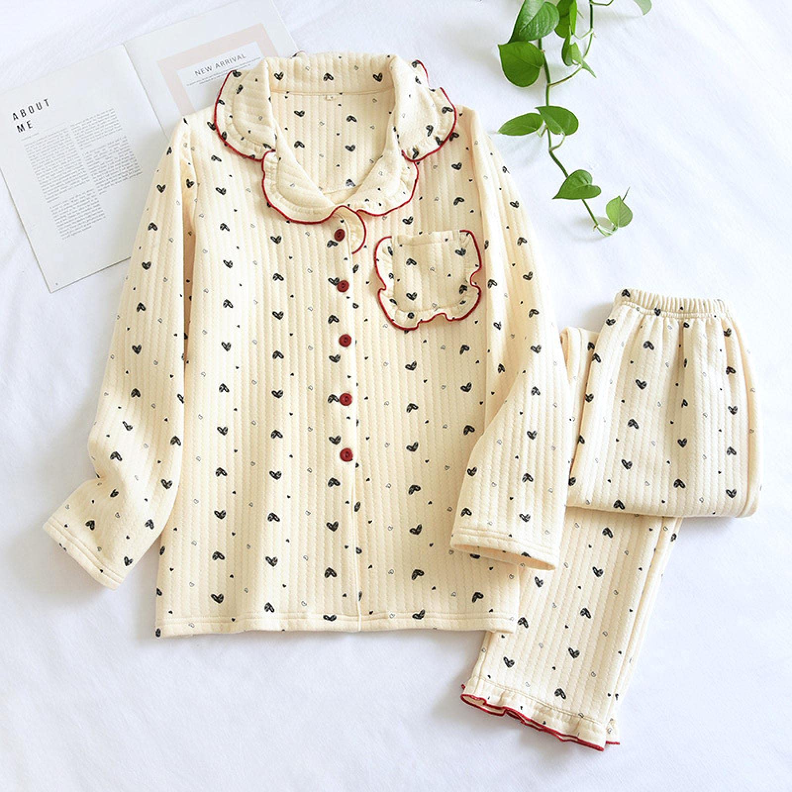 Un Pijama Cómodo Pijamas De Mujer Pijamas De Mujer Pijamas De Algodón Conjuntos De Pijamas De Mujer Invierno Manténgase Abrigado Manga Larga Dulce Pijama,Yellow-XL