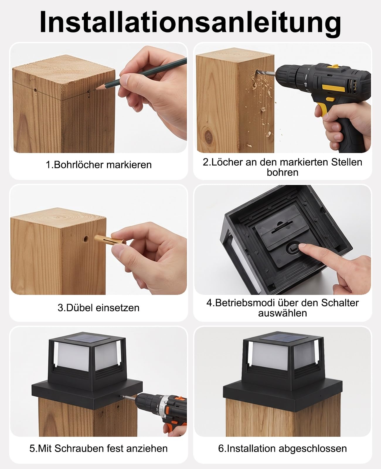 Solar Pfostenkappen Licht 2 Stück, Pfostenleuchte Solar 8x8-15x15 für Holzpfosten, 2 Lichtmodi 3000K/6000K, IP44 wasserdichte Solarleuchten für Zaun, Garten, Terrasse