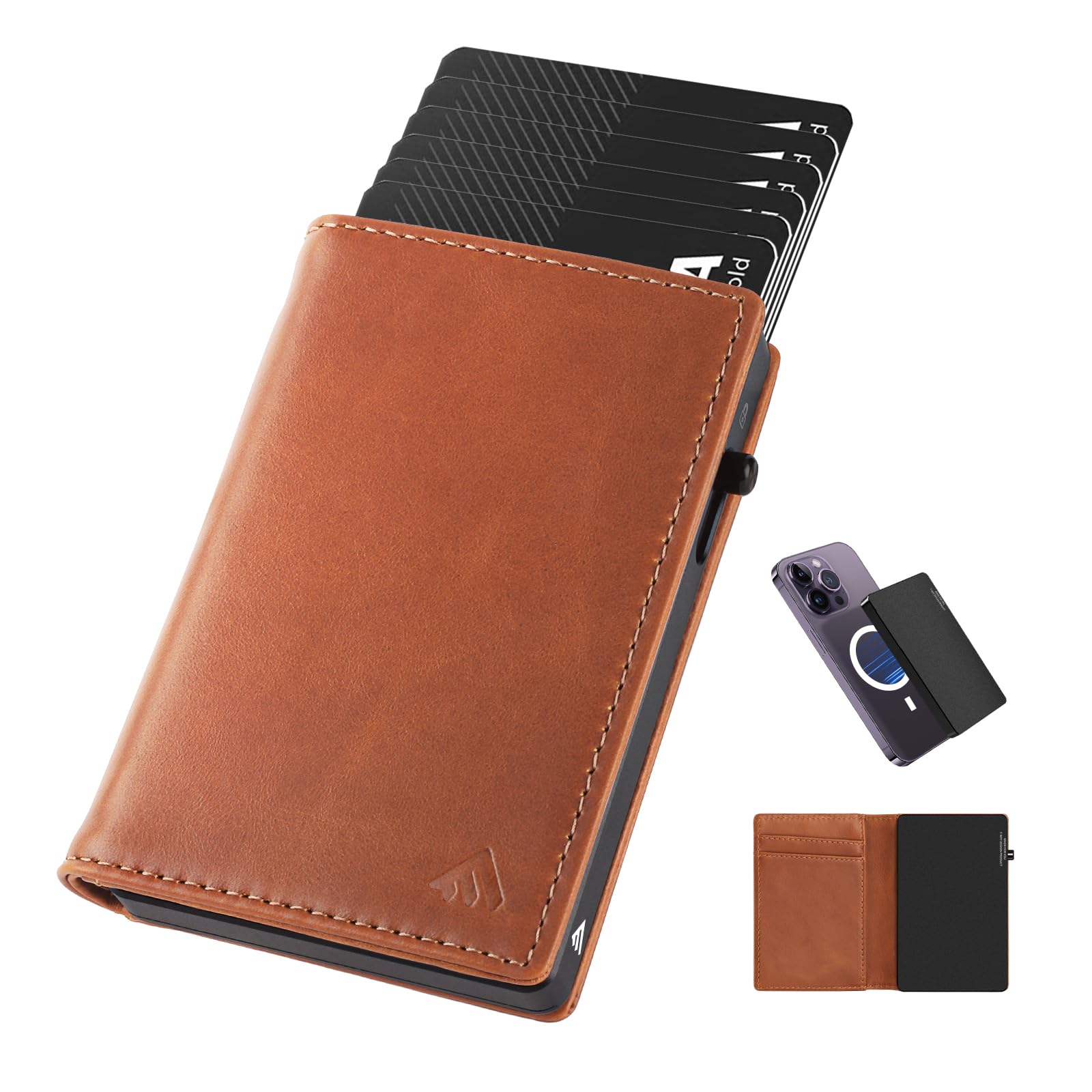 T-MFYMagesafe Pop Up Card holder Wallet for Men Bifold Slim Minimalist Metal RFID Blocking Wallet Leather Card Case Slots Christmas Gift for Men (Brown)