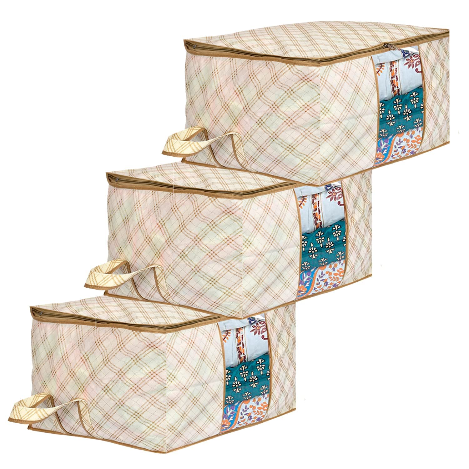 Amazon Brand - Solimo Metalic 3 Pieces Non Woven Underbed Storage Bag, Cloth Organiser, Blanket Cover With Transparent Window, Checkered-Ivory-image-48