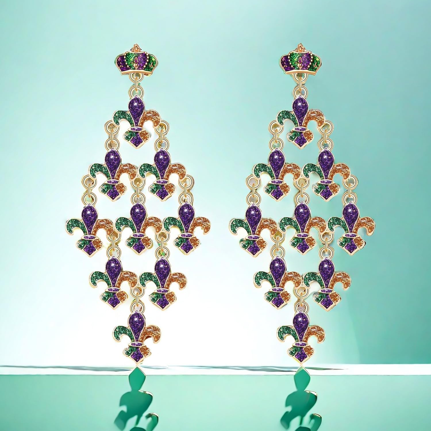 BVGA Mardi Gras Earrings for Women Multi Layers Glitter Mask Fleur De Lis Crown Drop Dangle Earrings Mardi Gras Jewelry Accessories for Fat Tuesday Celebration Carnival Parade Party - Image 9