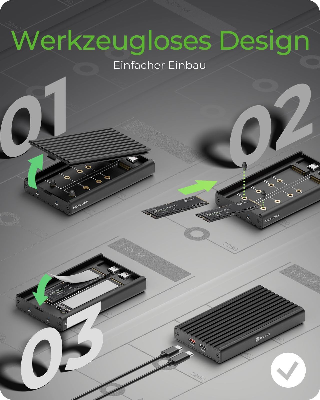ICY Box 2-Fach M.2 SSD / NVMe Gehäuse, USB 3.2 Gen 2 (20 Gbit/s), Kühlsystem, Dual PCIe Gen 3x2 Unterstützung, USB-C, M-Key, Extern, NVMe Adapter, Aluminium, Schwarz