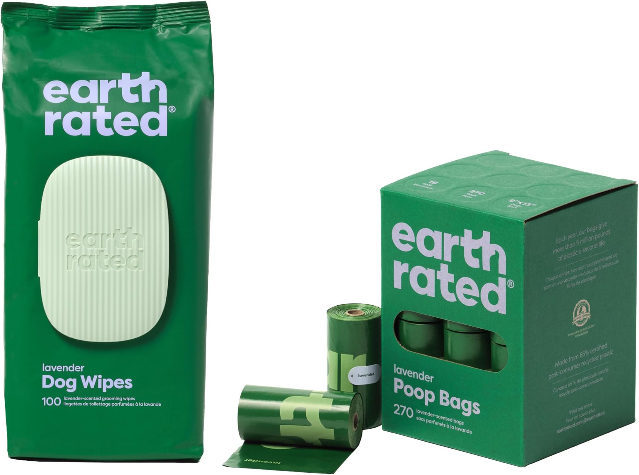 Dog Poo Bag Refill Rolls and Grooming Wipes Bundle, 270 Leak Proof and Extra Thick Waste Bags and 100 Plant Based Thick Grooming Wipes, Lavender Scented
