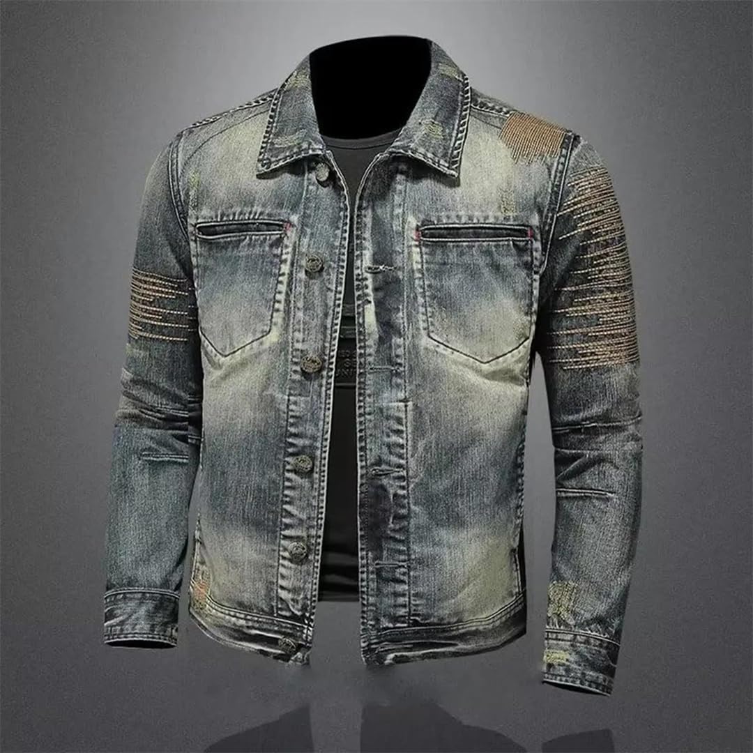 Męski Vintage Zip Stand Up Bawełniany Slim Fit Denim Płaszcz Zimowa Kurtka Dżinsowa