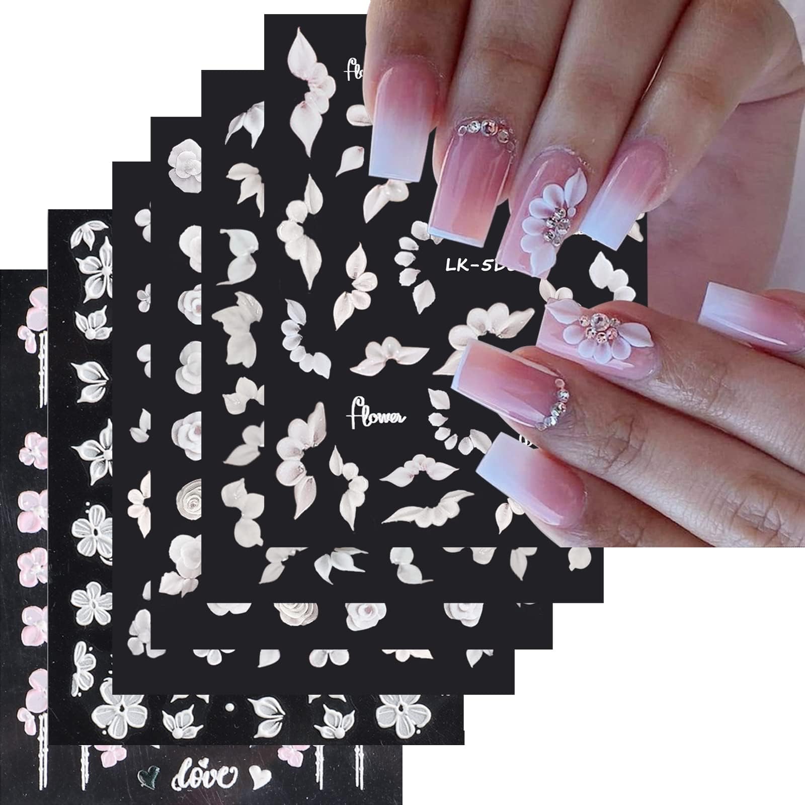 Amazon.com: JMEOWIO 6 Sheets 3D Embossed Spring Flower Nail Art ...