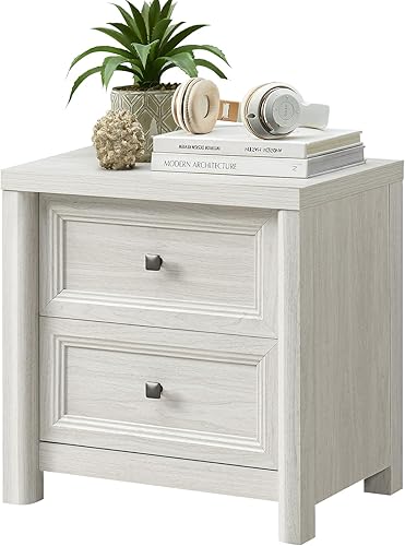 Mesita de noche blanca con cajones, mesita de noche blanca lavada rústica, mesa auxiliar de cama de granja para dormitorio, mesita de noche para