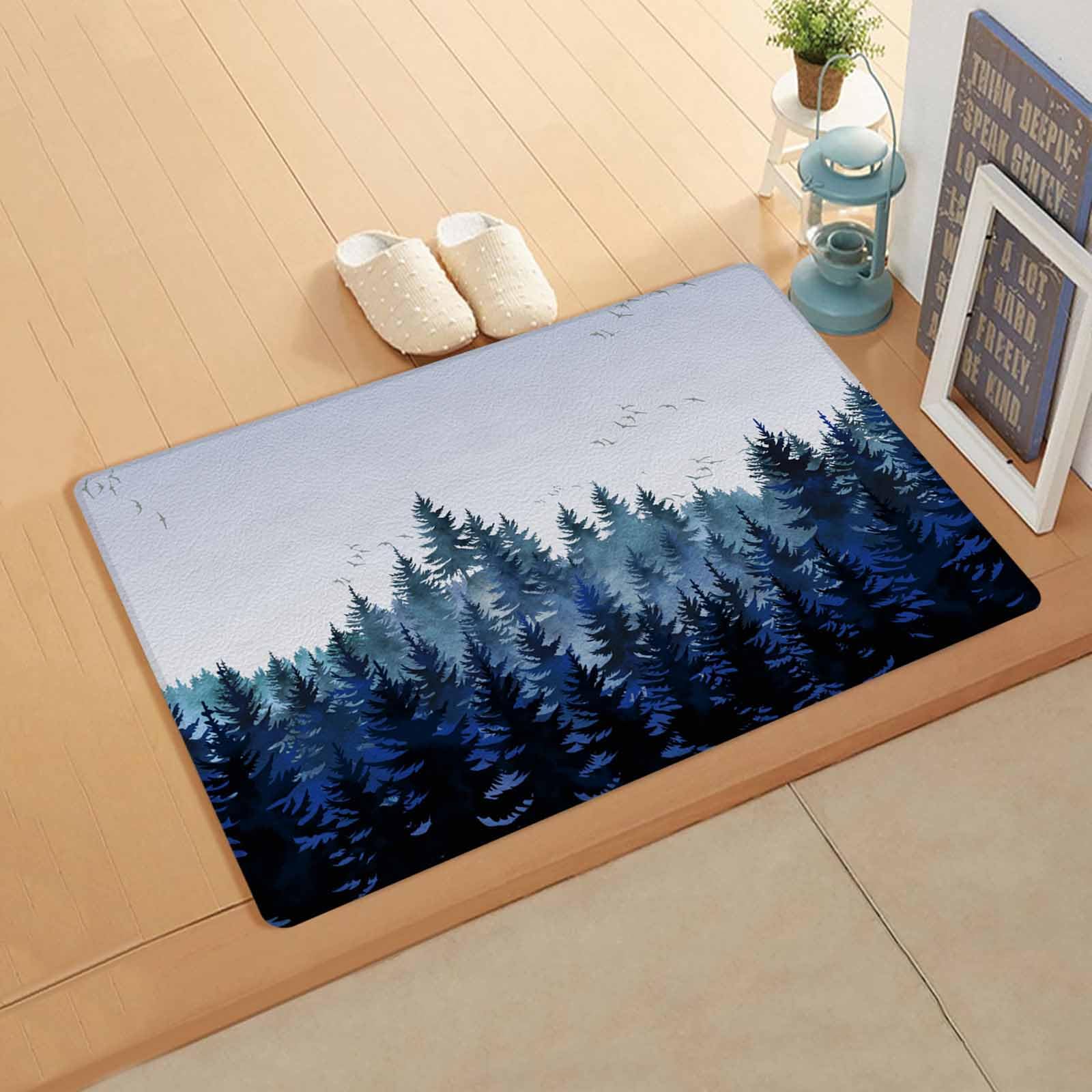 Forest Blue Trees Kitchen Bath Door Mat Cushioned Runner Rug, Washable Welcome Floor Sink Antifatigue Mat, Waterproof & Non-Slip Comfort Standing Doormat for Kitchen,Watercolor Nature Bird 24
