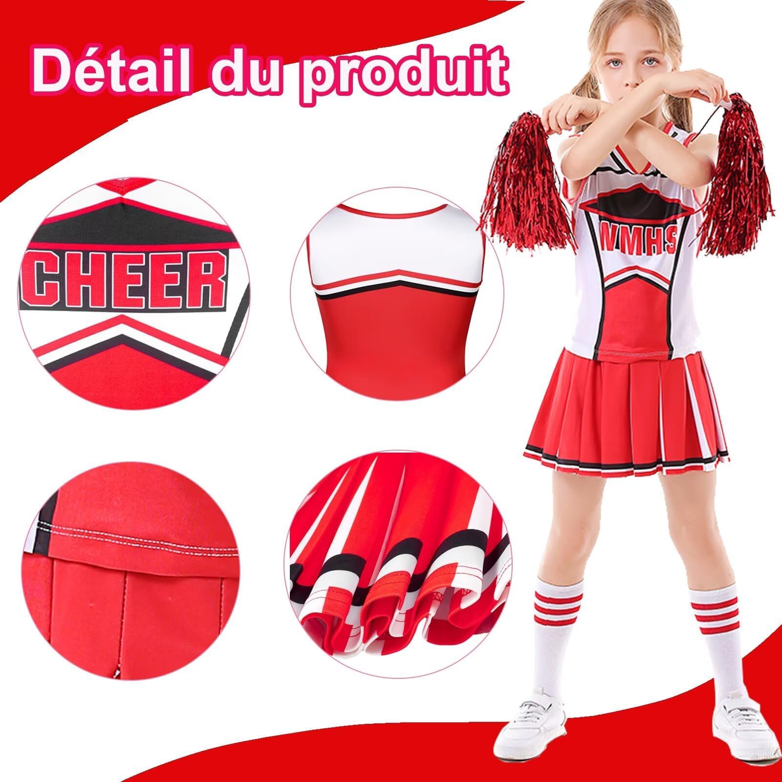 Costume Pompom Girl Enfant - Tenue de Pompom Girl Fille 6-12 Ans avec Pompons - Déguisement Cheerleader pour Halloween, Carnaval et Fête Déguisée - 4