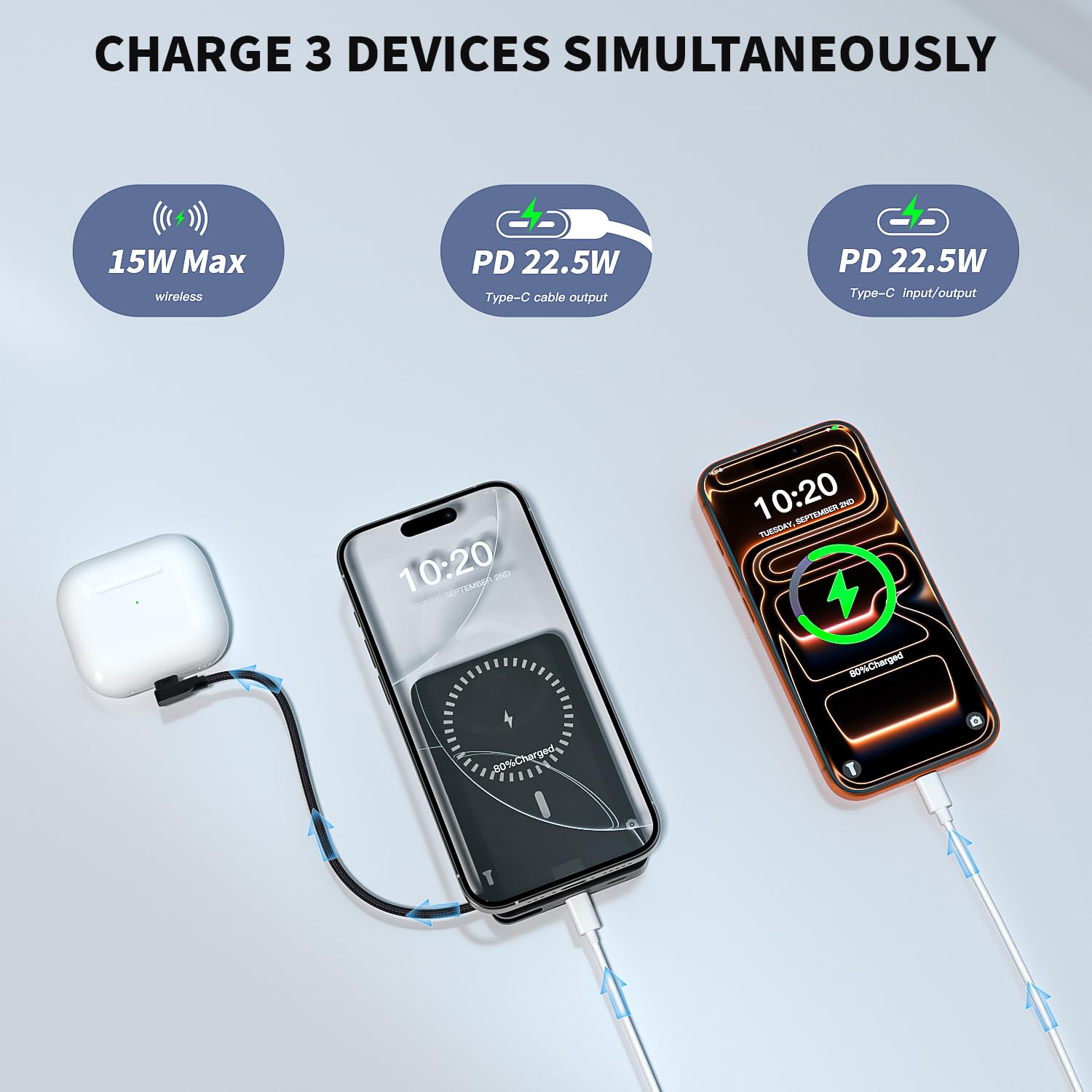 10000mAh Magnetic Wireless Power Bank Fast Charging , Mag-Safe Protable Charger Bulit in USB C Cable and Stand 22.5W PD USB C Fast Charger,Magnetic Battery Pack for iPhone 17 Pro/17 Air/16/15/14/13/12 — view 2