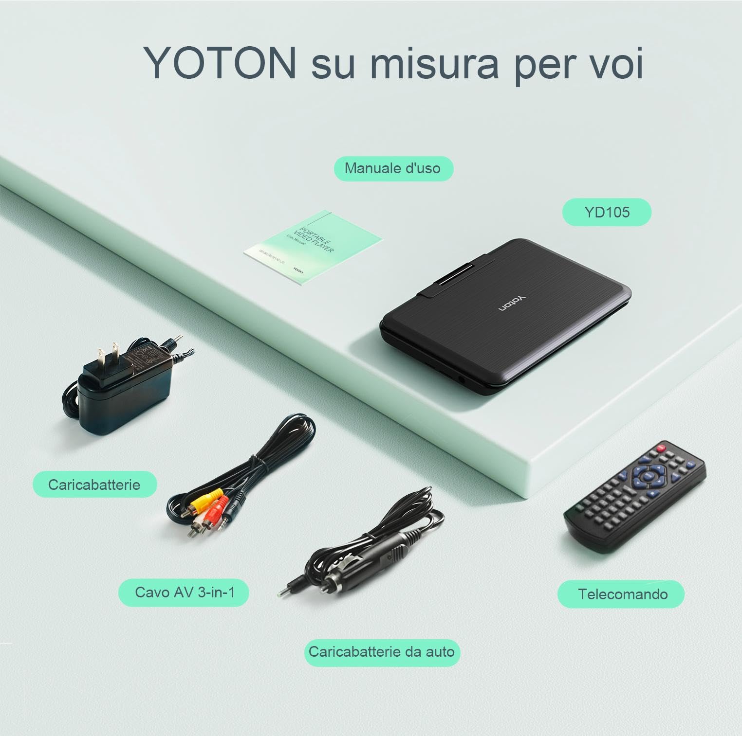 YOTON Lettore DVD Portatile 12,5" Schermo Girevole HD 10,5" per Auto Bambini Batteria 6 Ore USB SD TV Nero