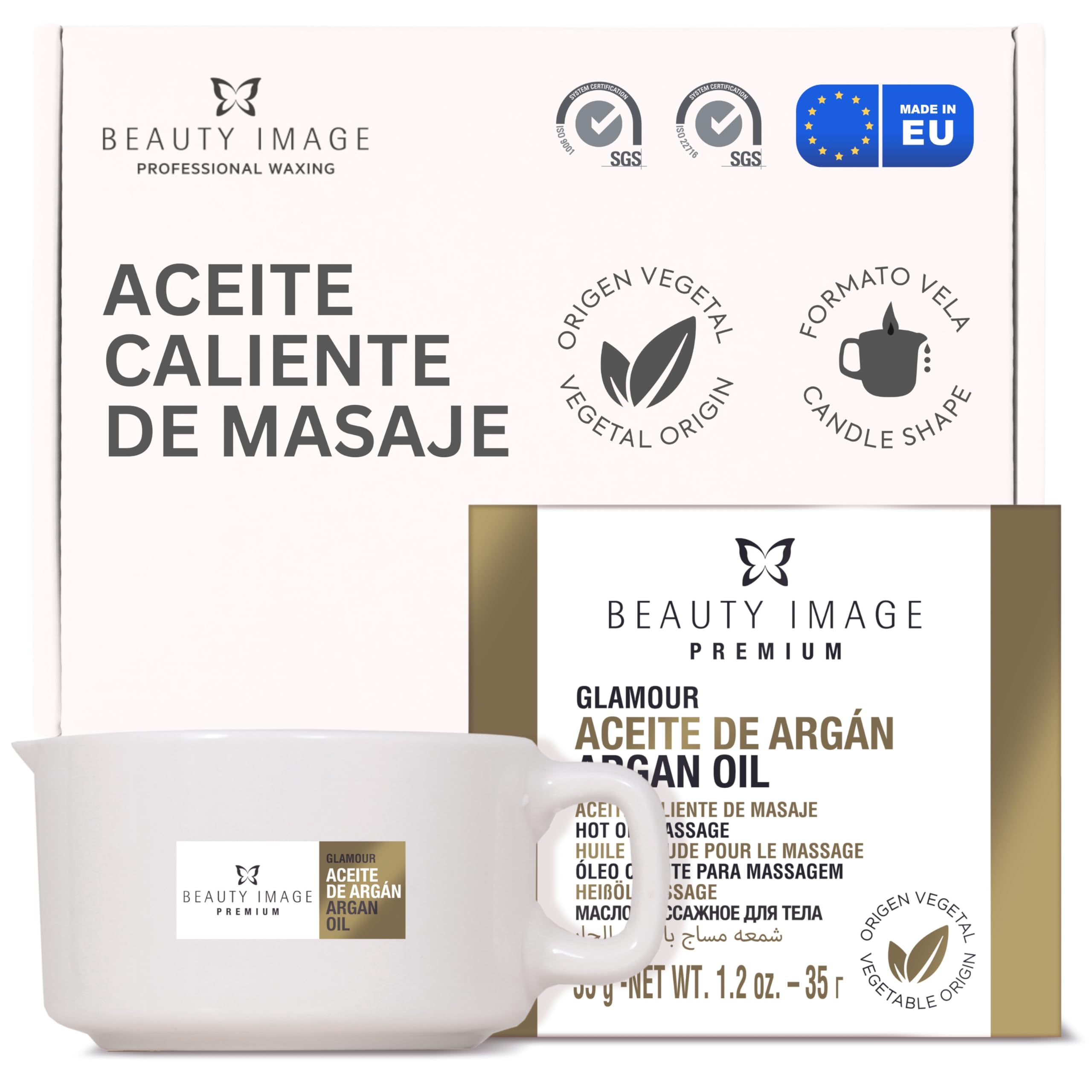 BEAUTY IMAGE Vela de Masaje - Color Dorado Brillante Glamour - Con Aceite de Argán. De 2 a 3 Masajes de Cuerpo Entero. Aceite Caliente para Masaje Profesional. Calidad Hecho en Europa. Masaje Sensual.