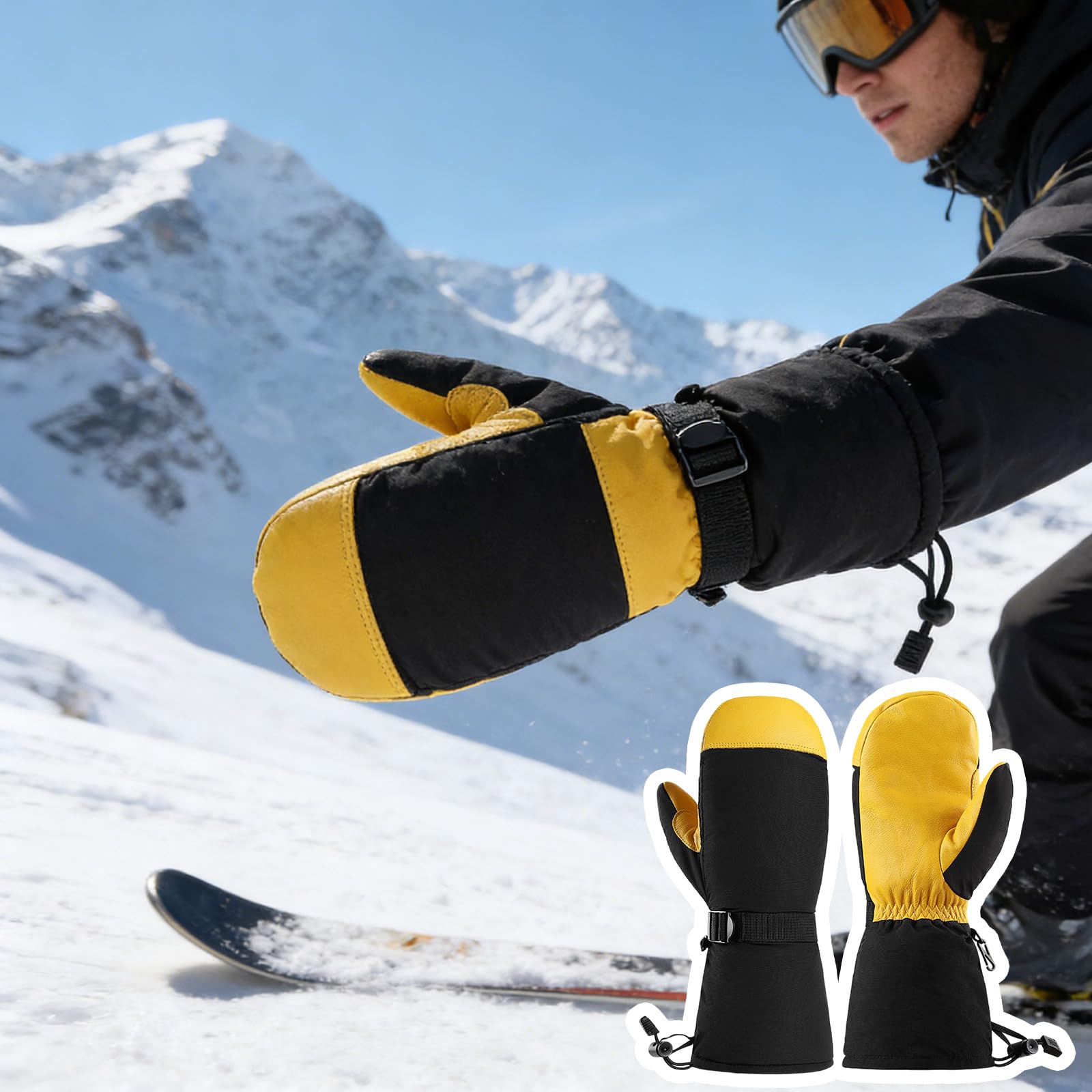 Guantes de esquí para clima frío, forro grueso, impermeables, resistentes al viento, snowboard, unisex, correa de muñeca ajustable, resistente al viento, térmicos para clima frío