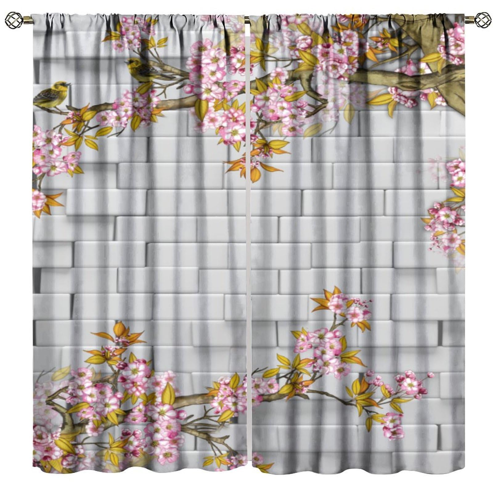 BenYaSong Brick Wall Blackout Window Curtain，White Brick Wall Watercolor Cherry Blossoms for Home Kitchen Livingroom Coffee Room Window Drapes 2Panel 55" W X 63" L