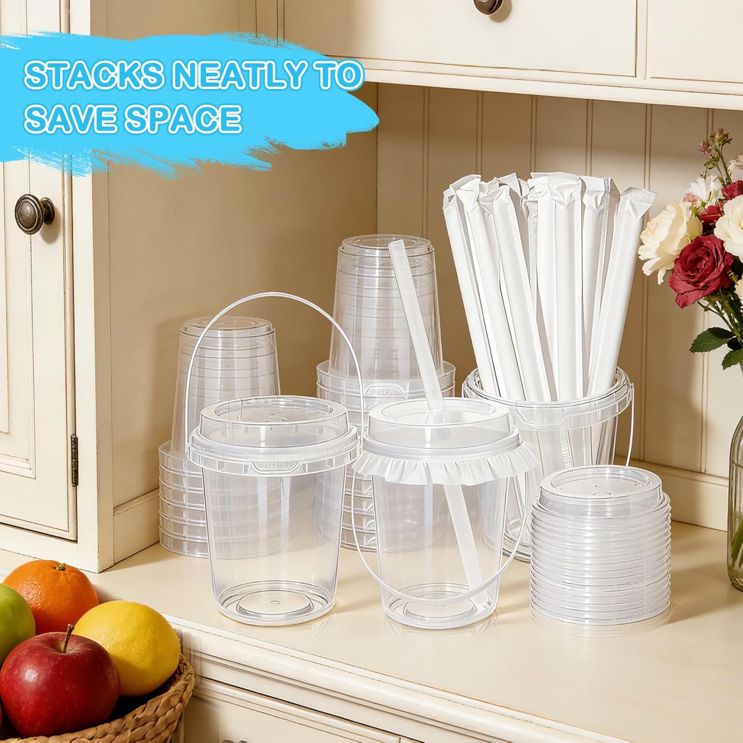 30Set 32OZ Clear Plastic Cups with Lid and Straw, Reusable Beverage Bucket with Handle & Seal Paper for Ice Cream, Iced Coffee, Smoothie, Sturdy Food Safe Party Cups for Birthday, Picnic, Beach Party