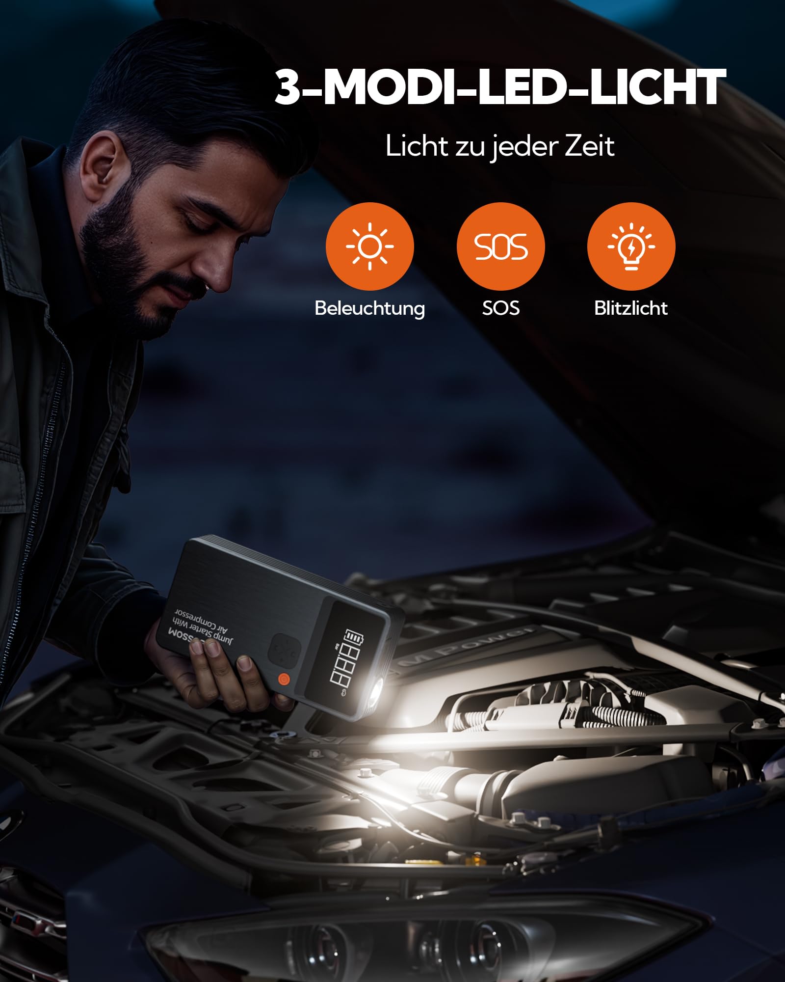 Starthilfe Powerbank für PKW mit 7 in 1 Portablem Luftkompressor,Powerpack kfz Booster mit 12000 mAh,Auto Jump Starter Batterie mit LED Lampe und USB-C Ladung,Reiseset und Notfallwerkzeug