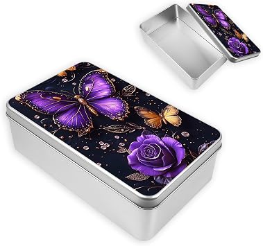 Metal Tin Box with Lid, Square Storage Container for Game Cards, Candles and Crafts, Decorative Tin Organizer and Gift Box for Home, Kitchen and Office,Lavish Butterflies