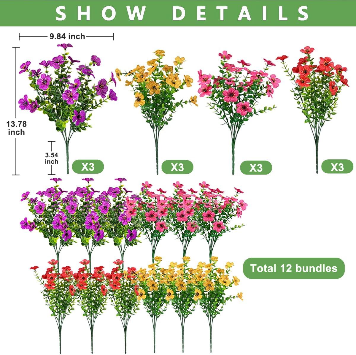 12 Bundles Artificial Flowers for Outdoor,4 Color No Fade UV Resistant Fake Flowers,Faux Plants for Outside Hanging Planters,Artificial Plants for Indoor Porch Garden Home Wedding Decor - Image 4