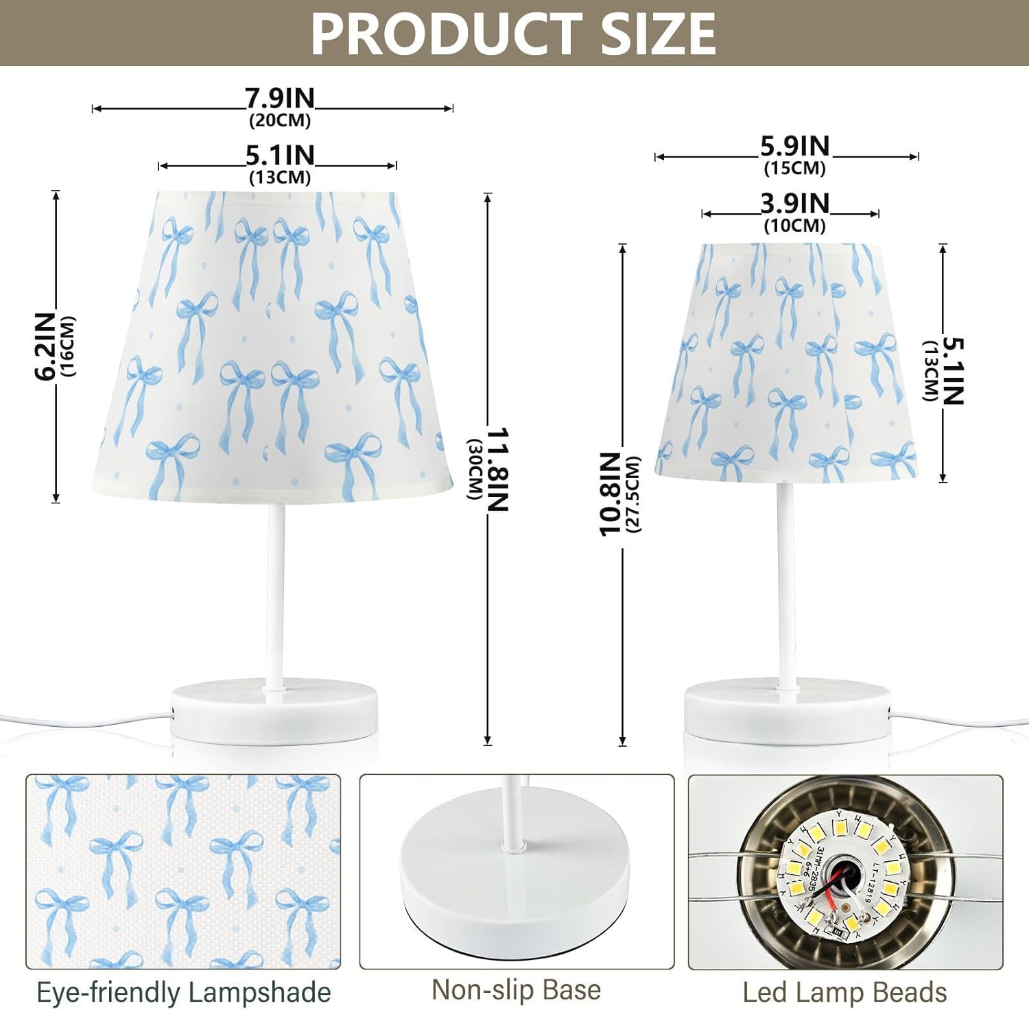 Blue Ribbon Bow Watercolor Table Lamp Nightstand Lamp with Linen Fabric Lamp Shade Night Light Bedside Desk Lamp for Sleeping Bedroom Living Room Dorm Home Office