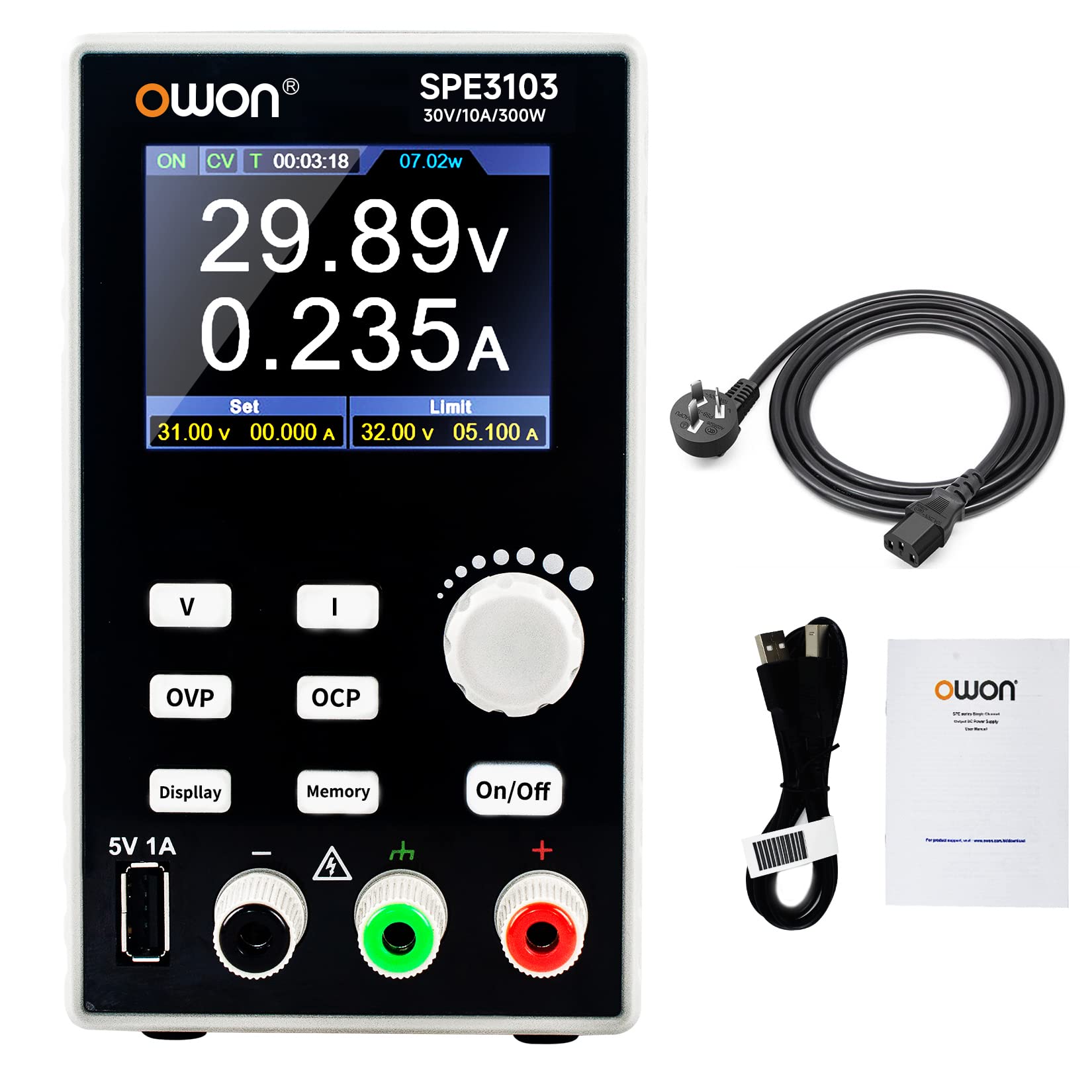 OWON SPE3103 Programowalny zasilacz DC, 300 W, 30 V/10 A, wysoce precyzyjna, 4-cyfrowa ochrona wielokrotna, wyświetlacz TFT LCD 2,8 cala z portem USB, obsługuje zasilacz laboratoryjny SCPI