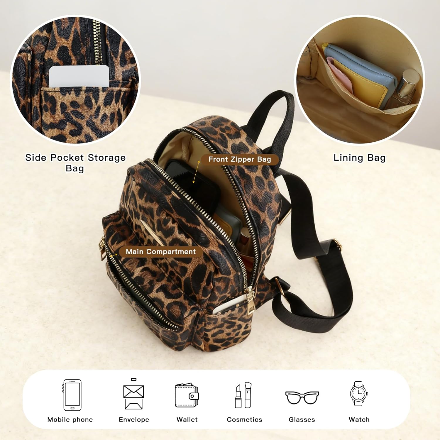 Small Backpack for Women, Leopard Print Backpack with Zipper, Waterproof Mini Backpack Purse with Adjustable Strap (Brown) - Image 4