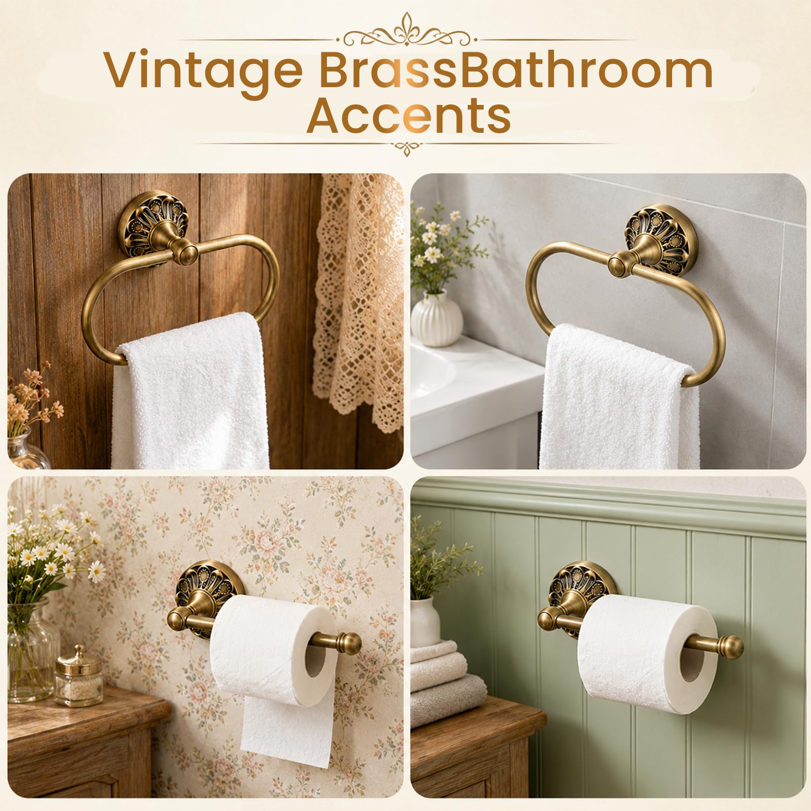 Antique Toilet Paper Holder 2 Pcs Gold Brass Hand Towel Ring Vintage Tissue Roll Set, Wall Mounted Bathroom Paper Hanger Hardware Decor Accessories(Oval) — Amazon image 6