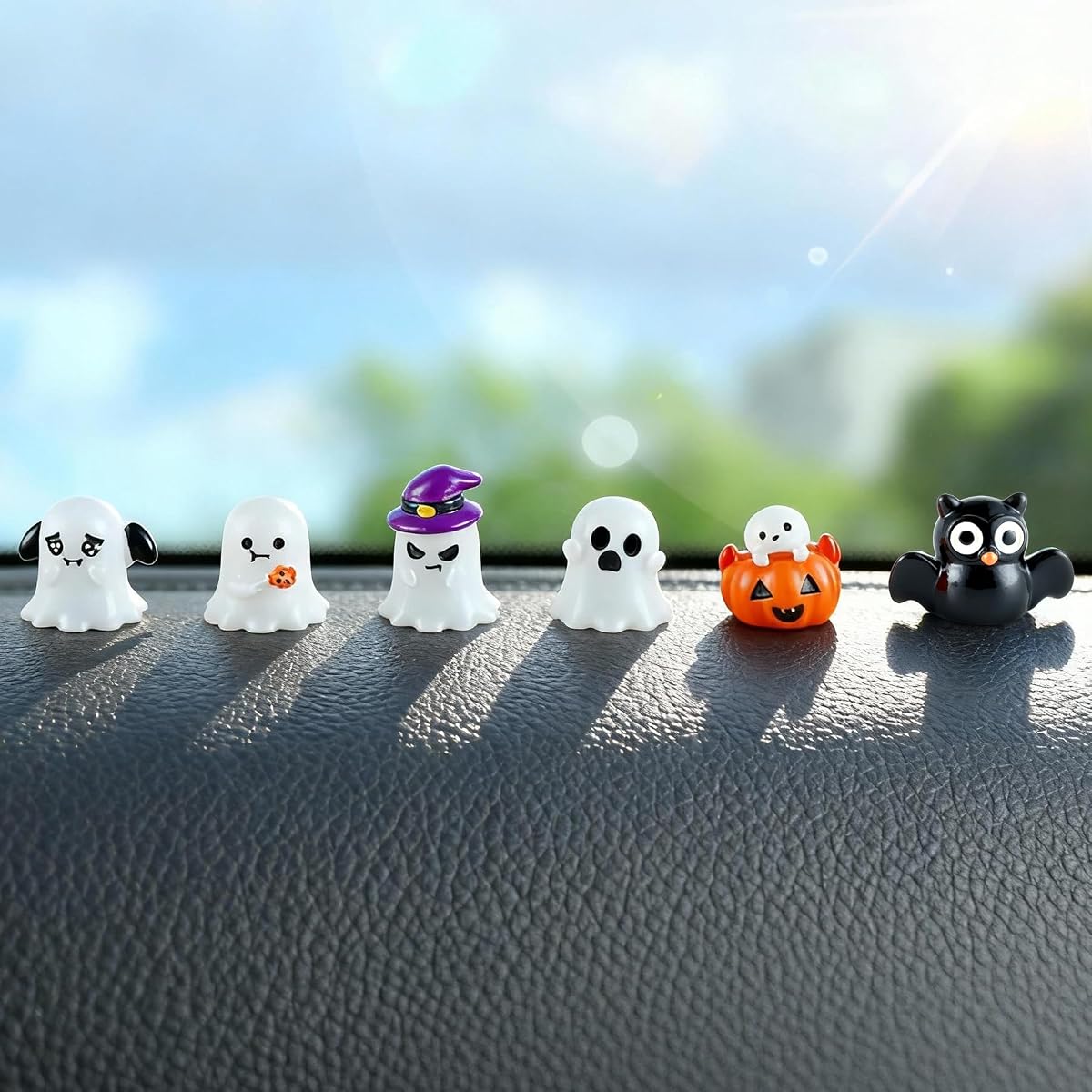 alpmosn Ghost Car Dashboard Decorations, 6PCS Cute Ghost Pumpkin Ornaments, Halloween Rear View Mirror Ornament, Car Interior Accessories