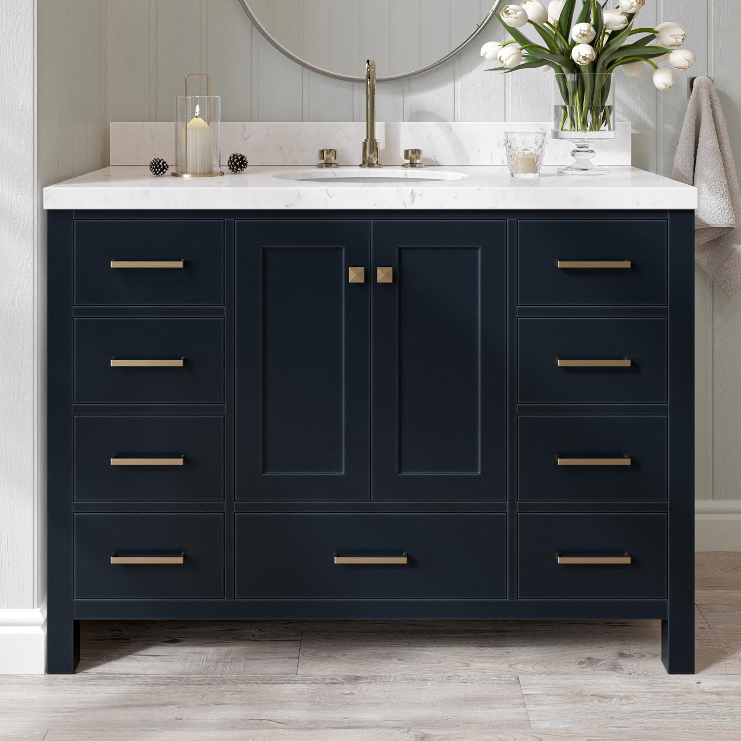 ARIEL Cambridge 48" Midnight Blue Bathroom Vanity, 1.5" Edge Carrara White Quartz Countertop & Splash, Oval Sink, 2 Soft Closing Doors, 9 Full