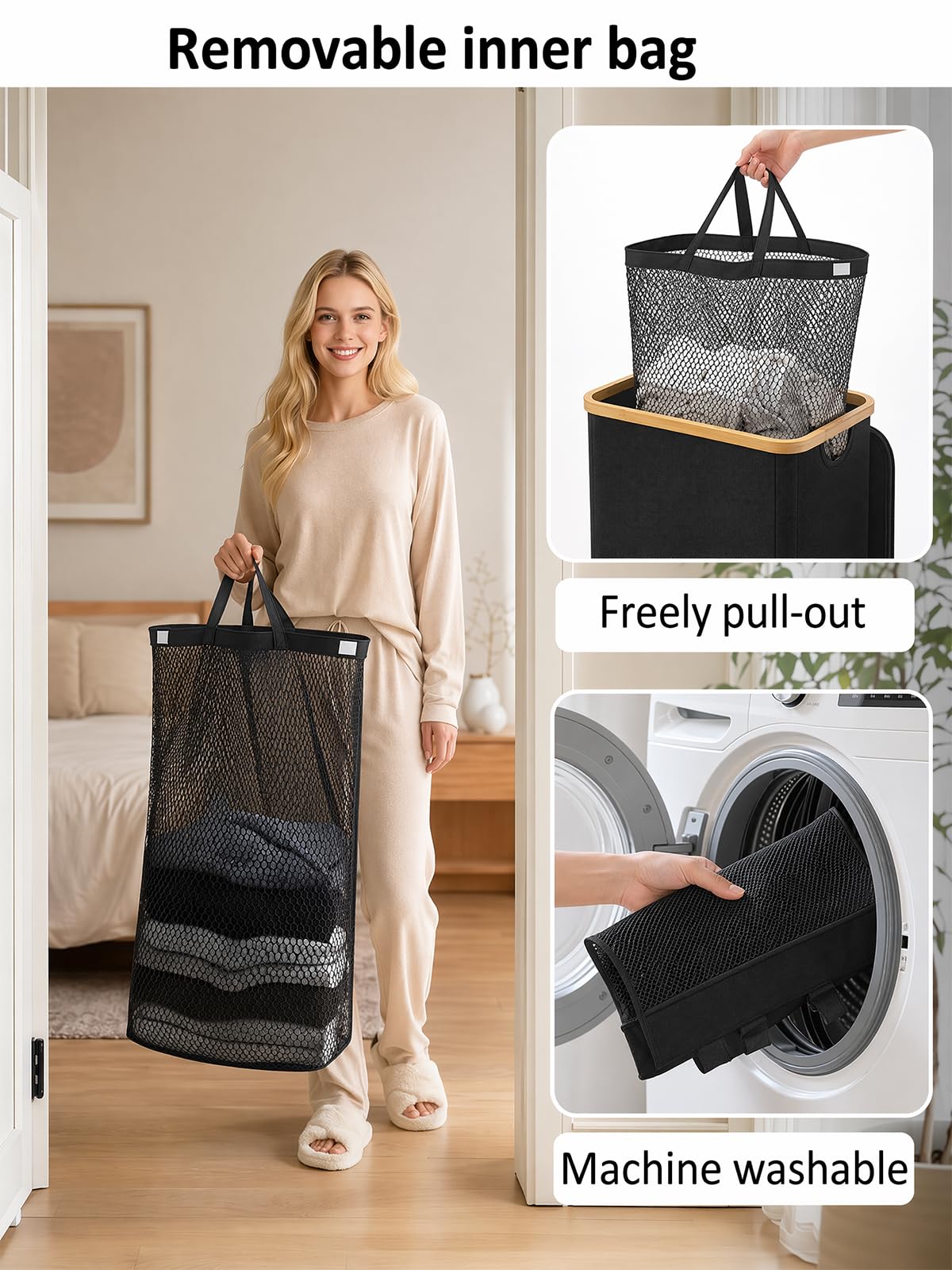 IEGrow Laundry Hamper with Lid, 110L Laundry Basket with Bag,Black — product photo
